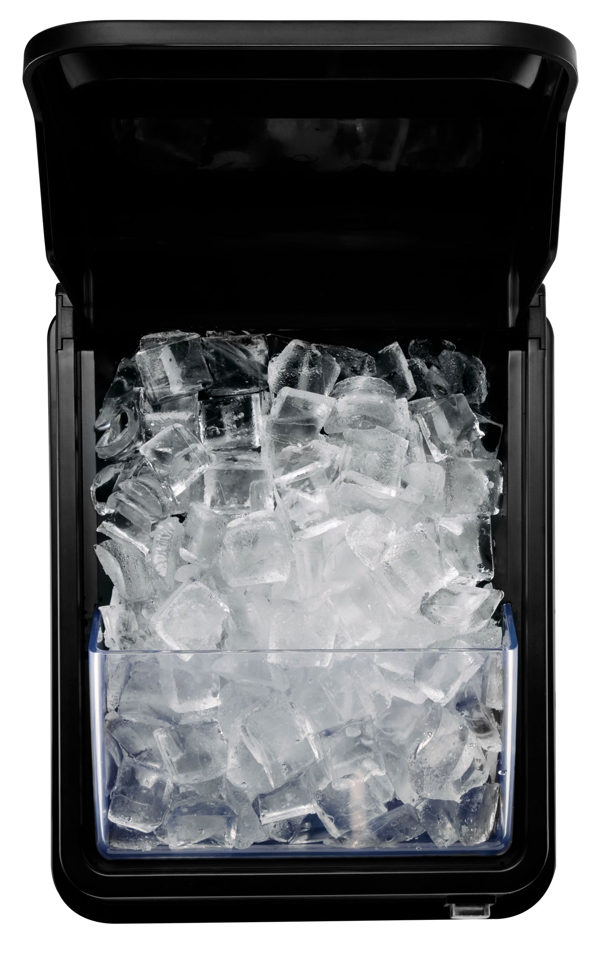 A top-down view of an open ice maker filled with clear, square ice cubes stacked up inside a plastic bin. The black lid is open, revealing solid, transparent ice cubes ready for use in a commercial ice crusher or countertop ice crusher.