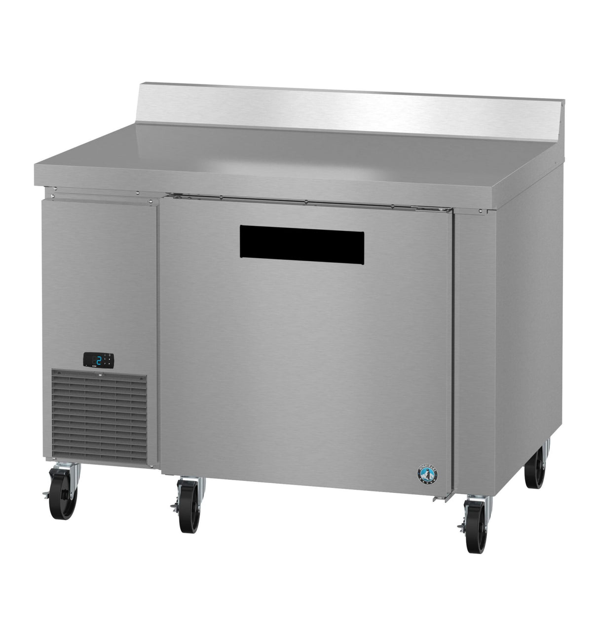 A commercial stainless steel worktop freezer features a flat worktop, backsplash, single solid door, lower-left ventilation grates, digital temperature display, and four caster wheels. ENERGY STAR certified for efficient use in professional kitchens.