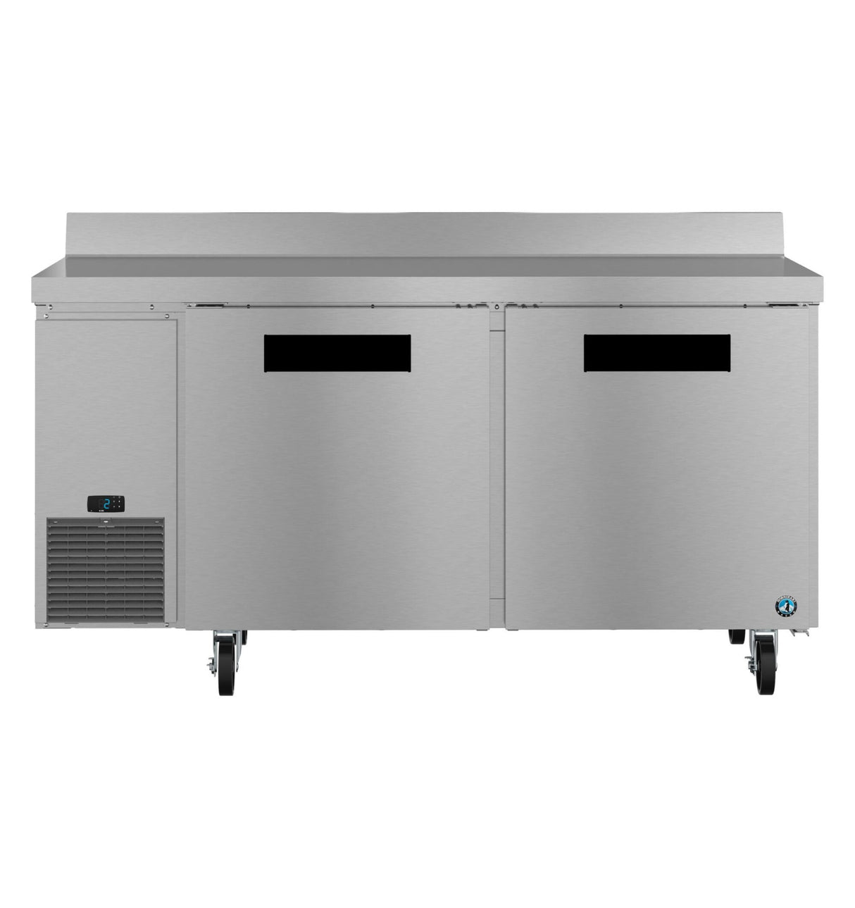 A commercial stainless steel worktop freezer with two doors, a backsplash, and a digital temperature display on the lower left. The unit is on caster wheels and features a flat work surface, ideal for food prep in a professional kitchen.