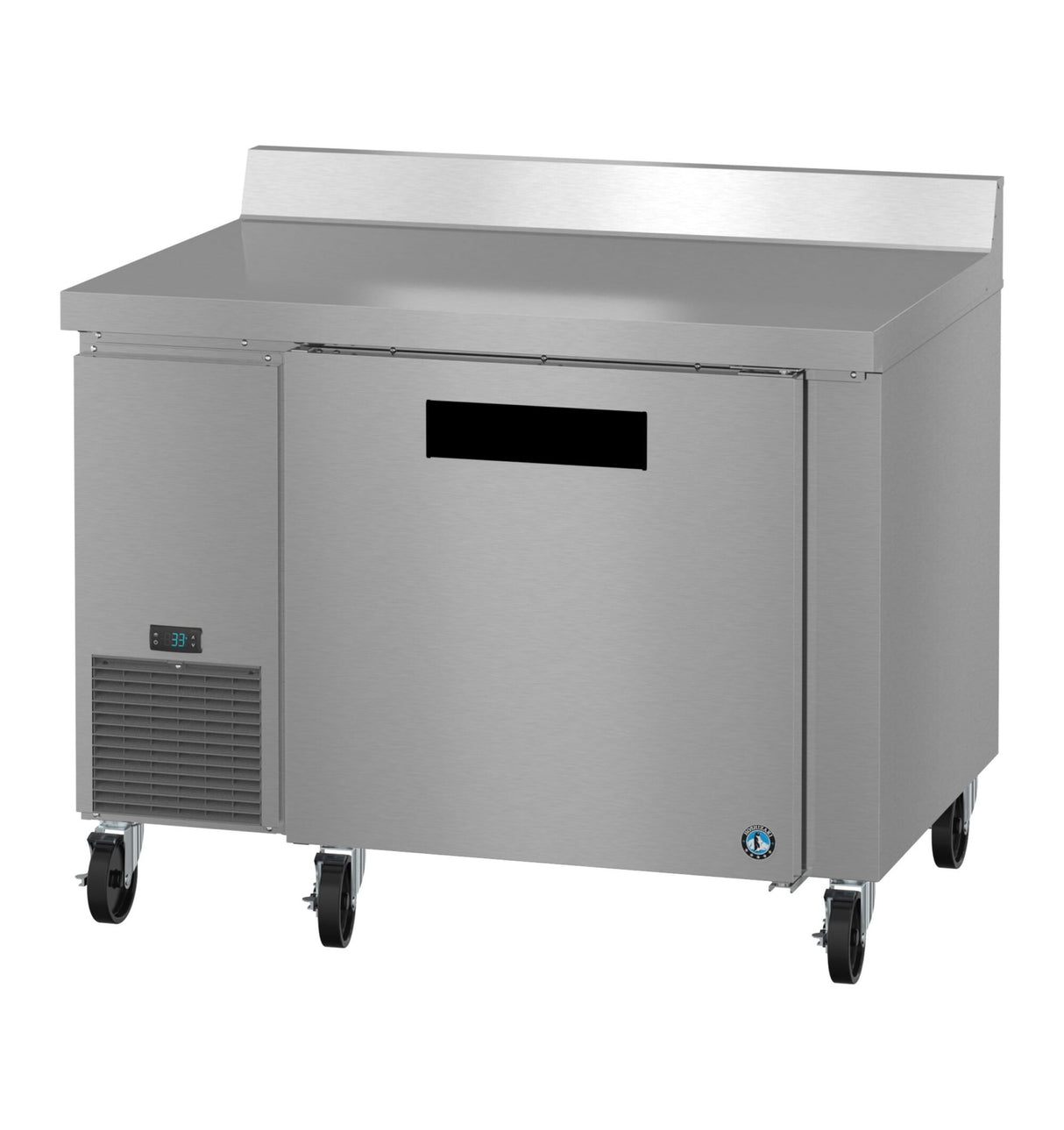 This stainless steel worktop refrigerator features a single front door, digital temperature display on the left, raised backsplash, and lower left vented cooling—ENERGY STAR certified for efficient commercial use.