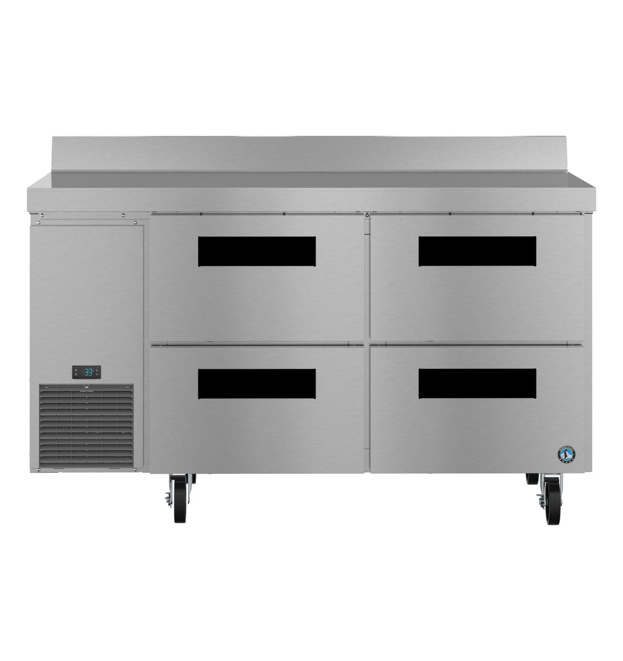 The Hoshizaki stainless steel worktop refrigerator features four pull-out drawers, a left-side ventilation panel, digital temperature display, rear protective backsplash, and convenient wheels for easy mobility.