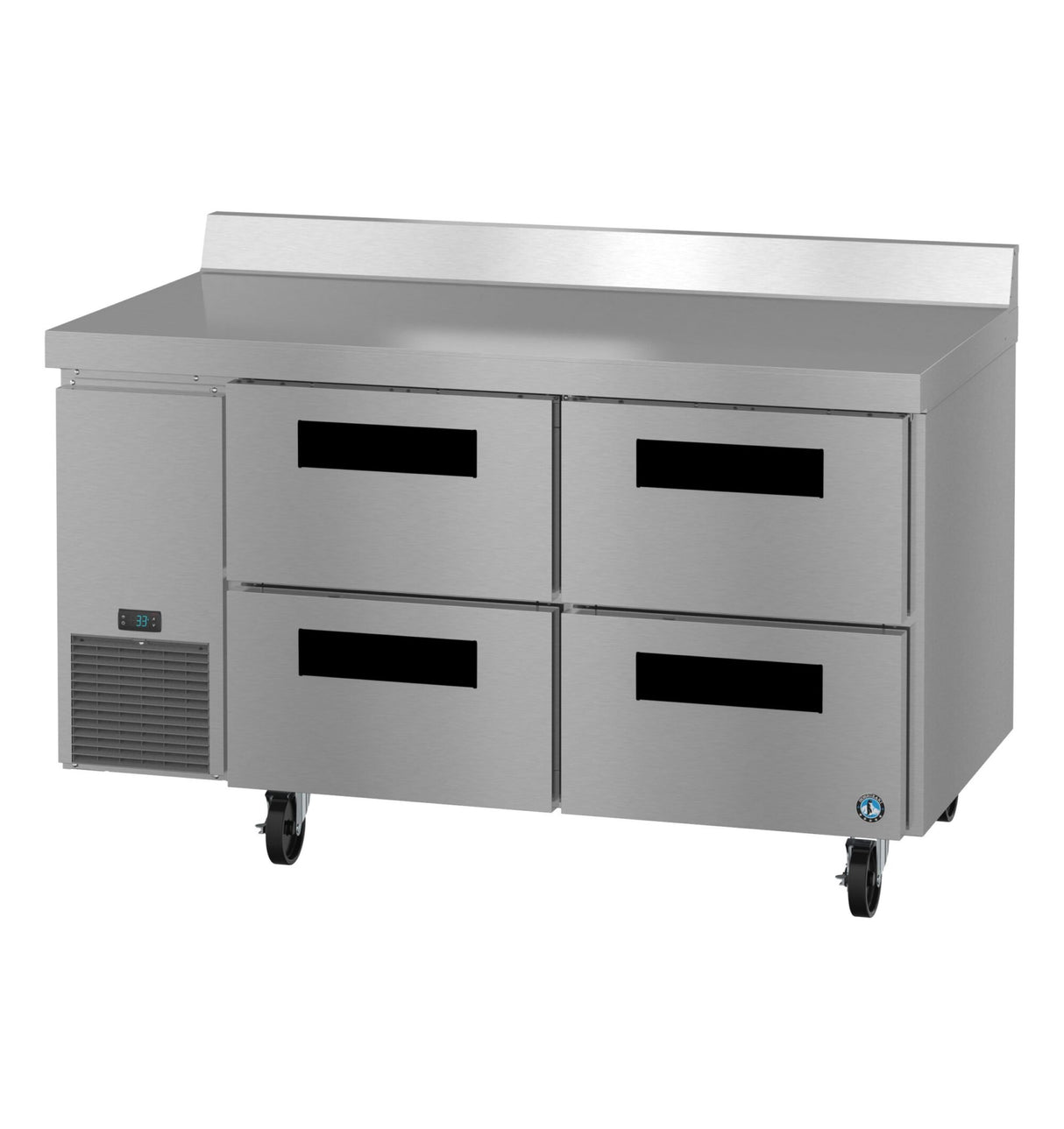 A Hoshizaki stainless steel worktop refrigerator with four pull-out drawers on wheels, a solid backsplash, and a digital temperature display near the vented section. This unit boasts a sleek, industrial design, ideal for any professional kitchen.