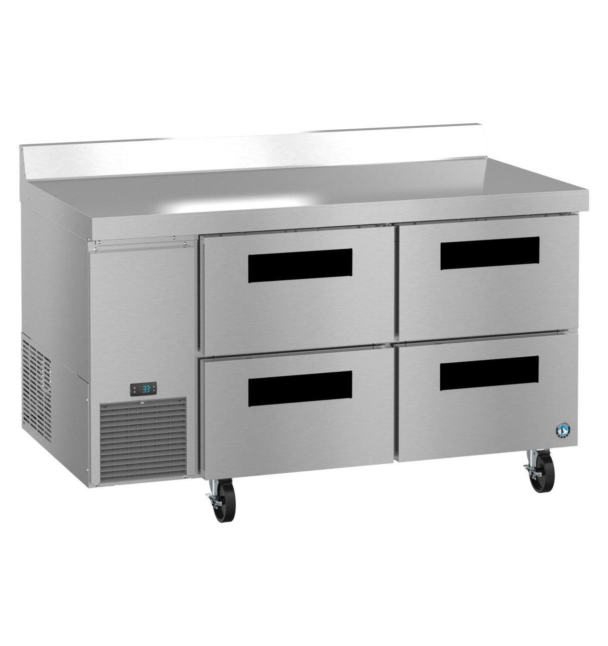 A Hoshizaki stainless steel worktop refrigerator with four rectangular drawers, a digital temperature display, ventilation grill on the lower left, backsplash, and four caster wheels. Its clean, reflective surface ensures a professional prep area.