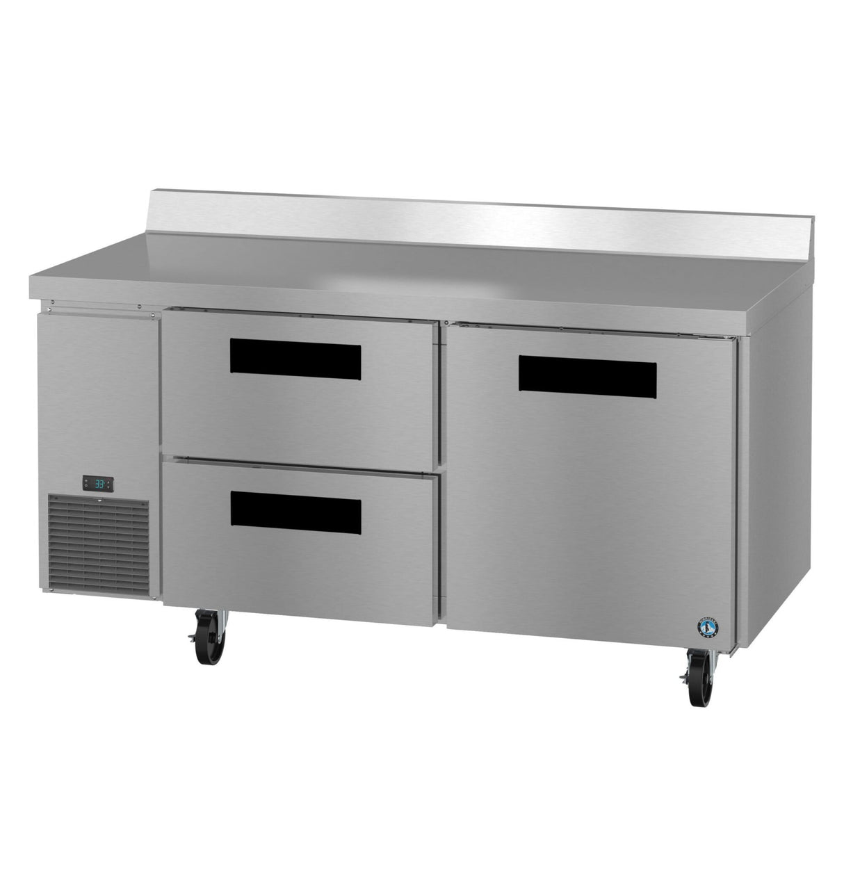 A stainless steel two-section worktop refrigerator with four black-handled doors and drawers, a flat worktop, vent panel on the left, small digital control display, and caster wheels for mobility—ideal for any professional kitchen.
