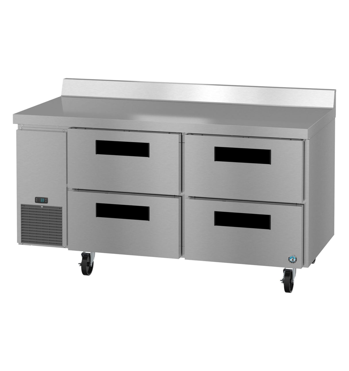 A stainless steel two-section worktop refrigerator prep table with four drawers and one left-side door, mounted on caster wheels. Features a digital control panel on the left and a raised rear backsplash, all set against a plain white background.