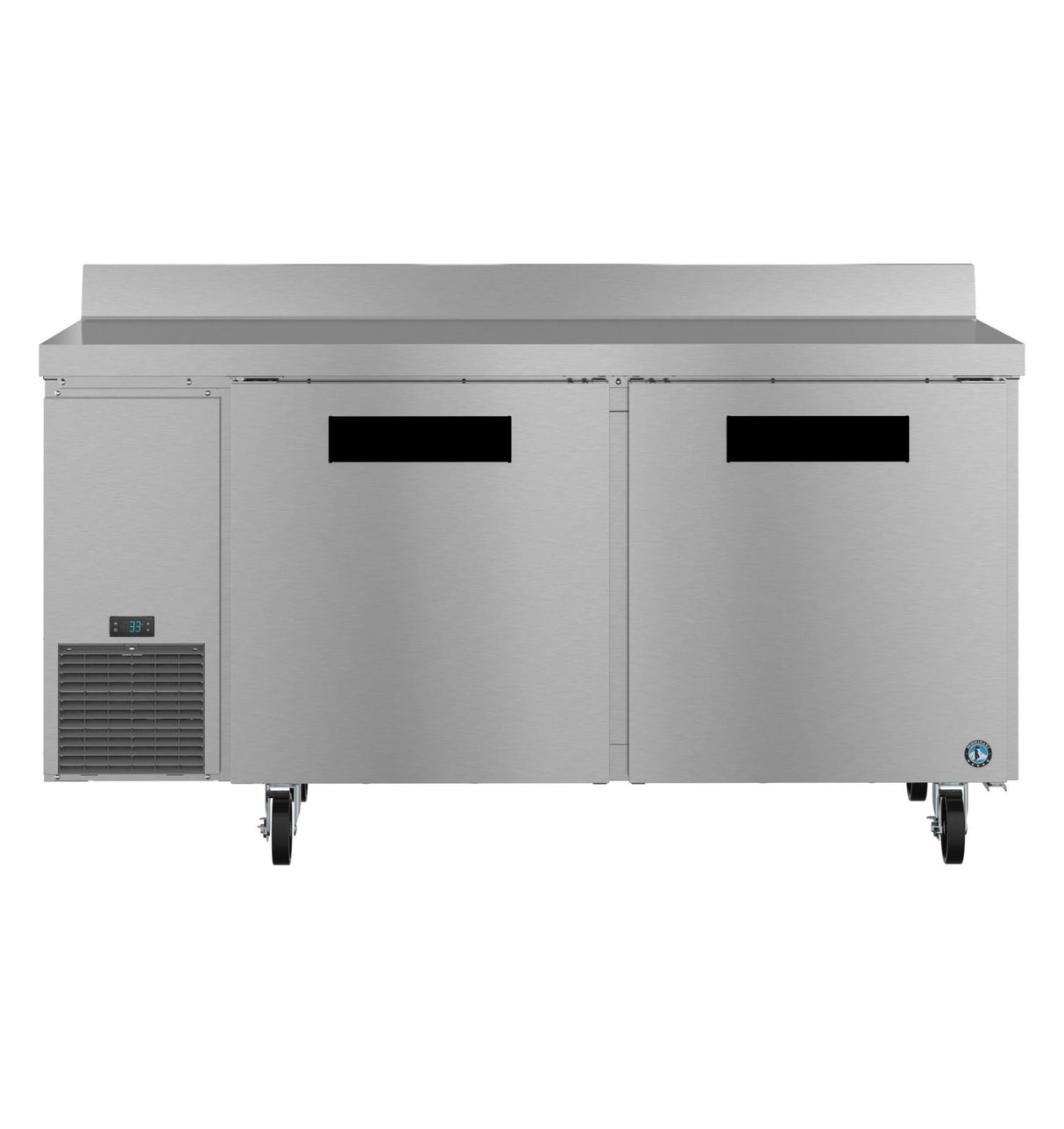 A stainless steel worktop refrigerator with two doors, a digital temperature display on the bottom left, ventilation grilles, black handles, and four caster wheels. ENERGY STAR certified, it features a flat countertop and raised rear edge—ideal for kitchen food prep.