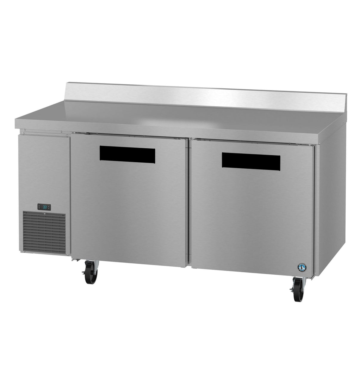A commercial stainless steel worktop refrigerator with two doors and a side vent. The unit features a flat top with backsplash, black handle slots, four wheels for mobility, and an ENERGY STAR digital control panel on the lower left front.