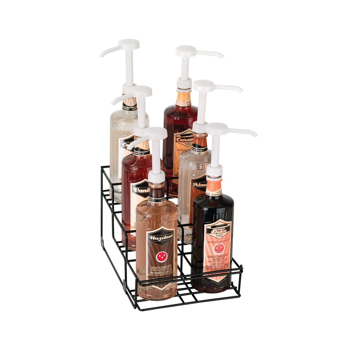 Five syrup bottles with white pump tops are neatly arranged in a black wire rack bottle organizer. Each bottle features a colorful label and different flavors, all positioned upright in a 6 section rack, ready for dispensing on a white background.