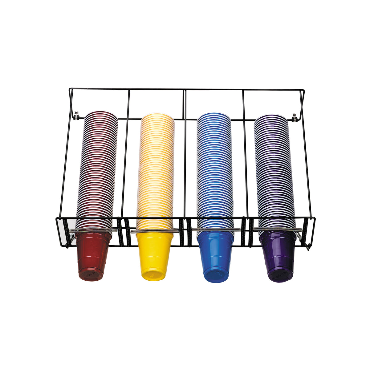 A metal cup dispenser with an adjustable wire rack holds four stacks of plastic cups in red, yellow, blue, and purple. Each color stack is neatly aligned side by side on a white background, and the one-size-fits-all dispenser is wall-mounted.