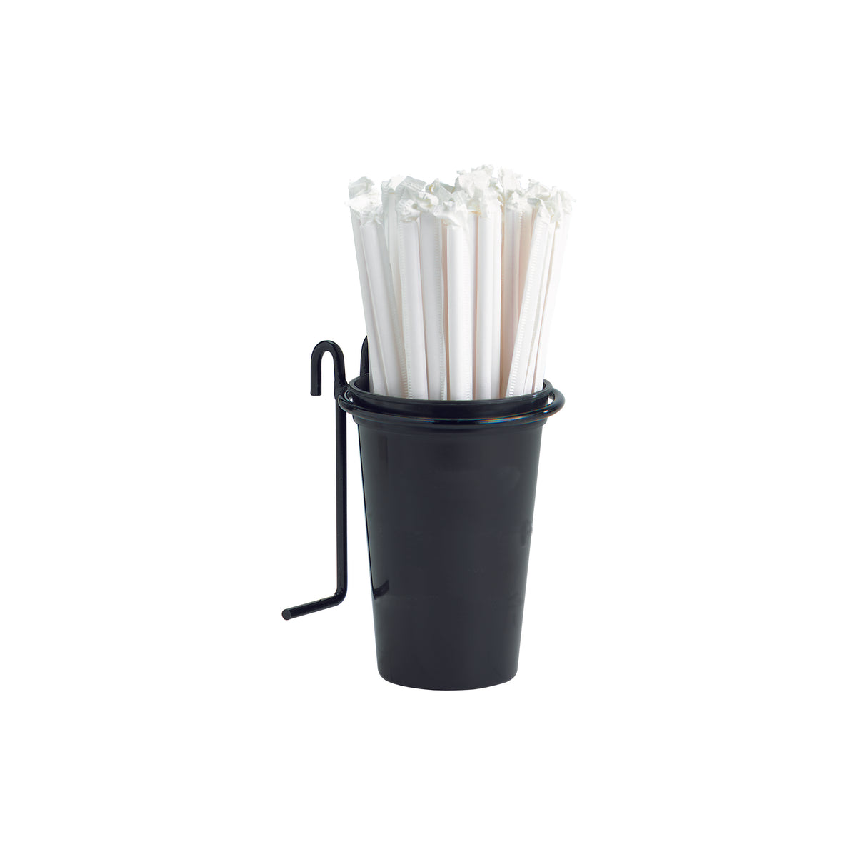 A black plastic Dispense-Rite Straw Holder with a wire handle holds a bundle of individually wrapped white drinking straws, neatly packed with their wrappers sealed at the top, set against a plain white background.