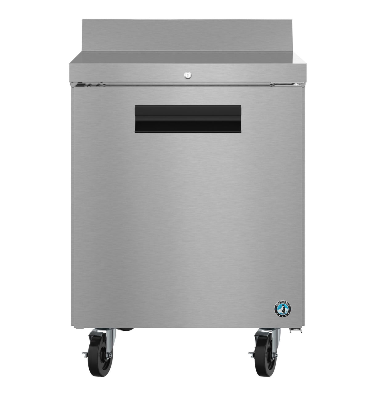 A stainless steel worktop refrigerator with a single front door, black recessed handle, and four caster wheels. Its smooth surface features a small lock above the handle and an ENERGY STAR certification sticker on the lower right corner.