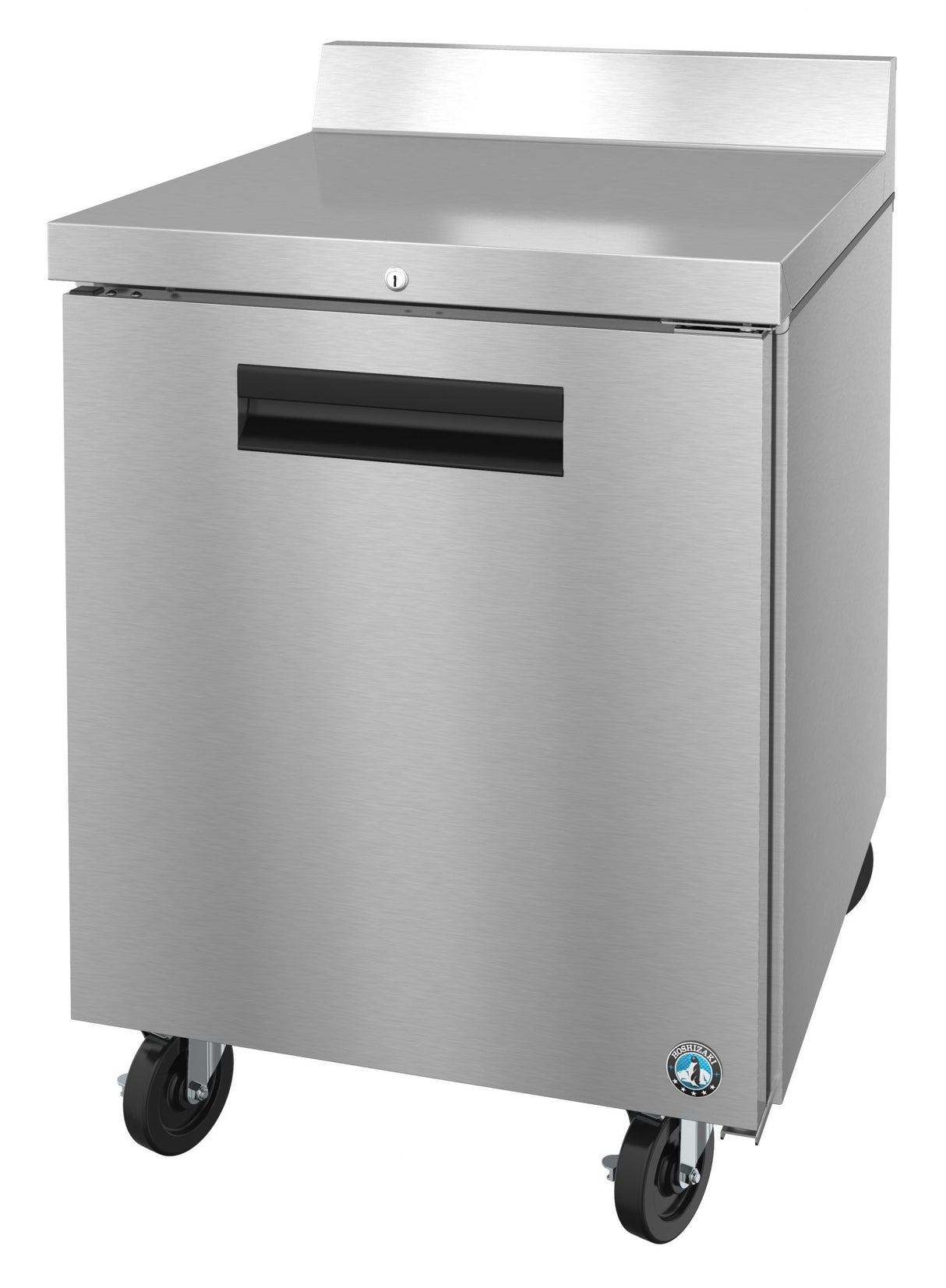 A sleek, modern stainless steel worktop refrigerator with a solid door, flat backsplash, recessed handle, four black caster wheels, and a small blue logo on the bottom right corner. This ENERGY STAR unit combines style and efficiency for any commercial space.
