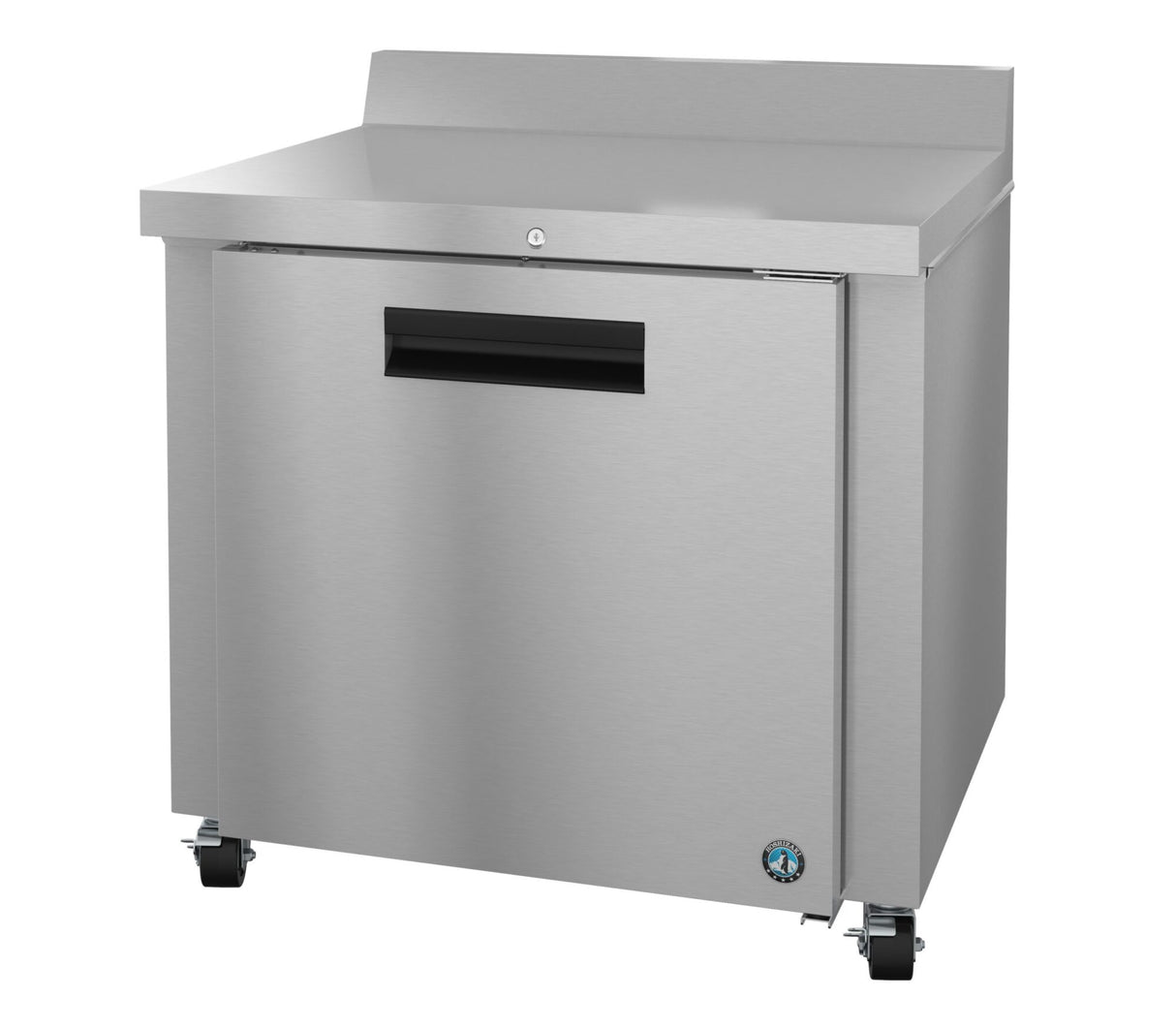 This ENERGY STAR stainless steel worktop refrigerator features a solid door with a black handle, small backguard, and four caster wheels. Its sleek, industrial design is accented by a round logo on the lower right corner.
