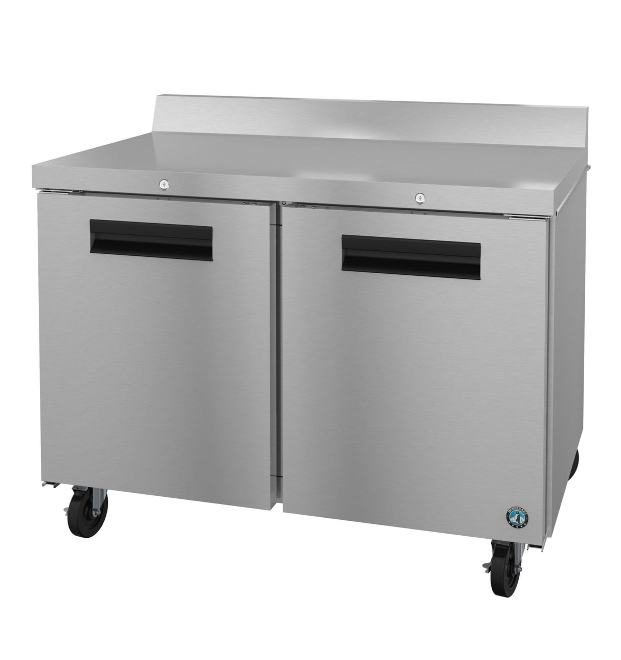 This ENERGY STAR stainless steel worktop refrigerator features two hinged doors, sleek black handles, a convenient backsplash, and four caster wheels. Its clean surface and small blue logo on the lower right add to its professional look.