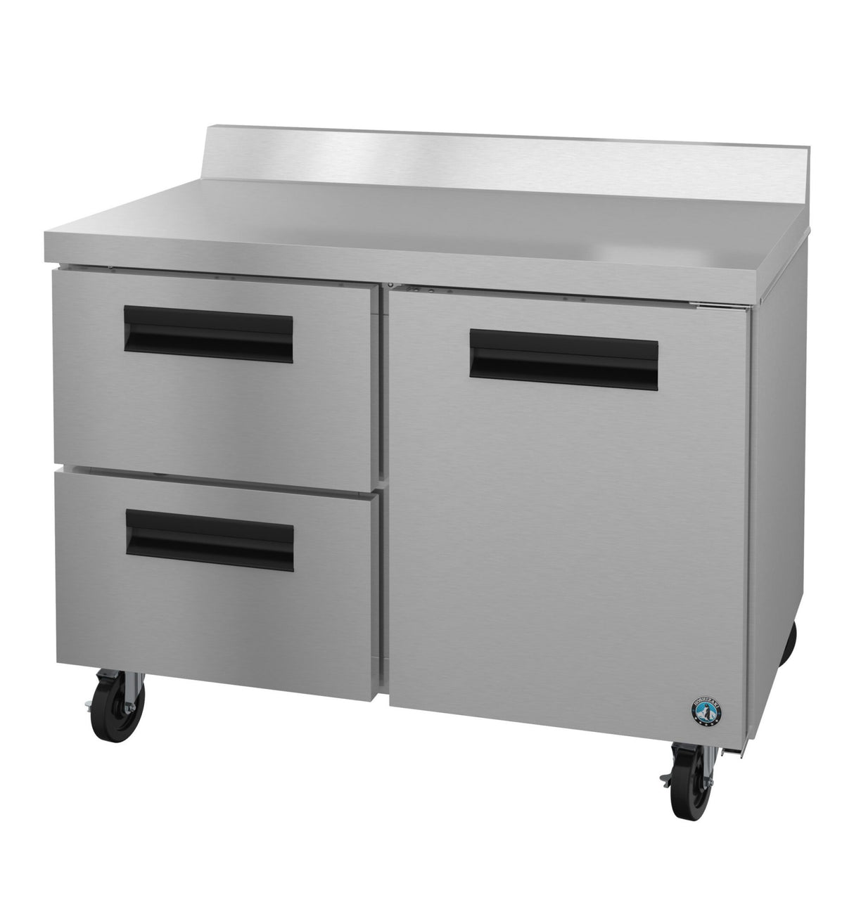 A Hoshizaki Steelheart Series worktop refrigerator on wheels, featuring two drawers on the left, a single-door compartment on the right, black handles, and a raised stainless steel backsplash at the back.