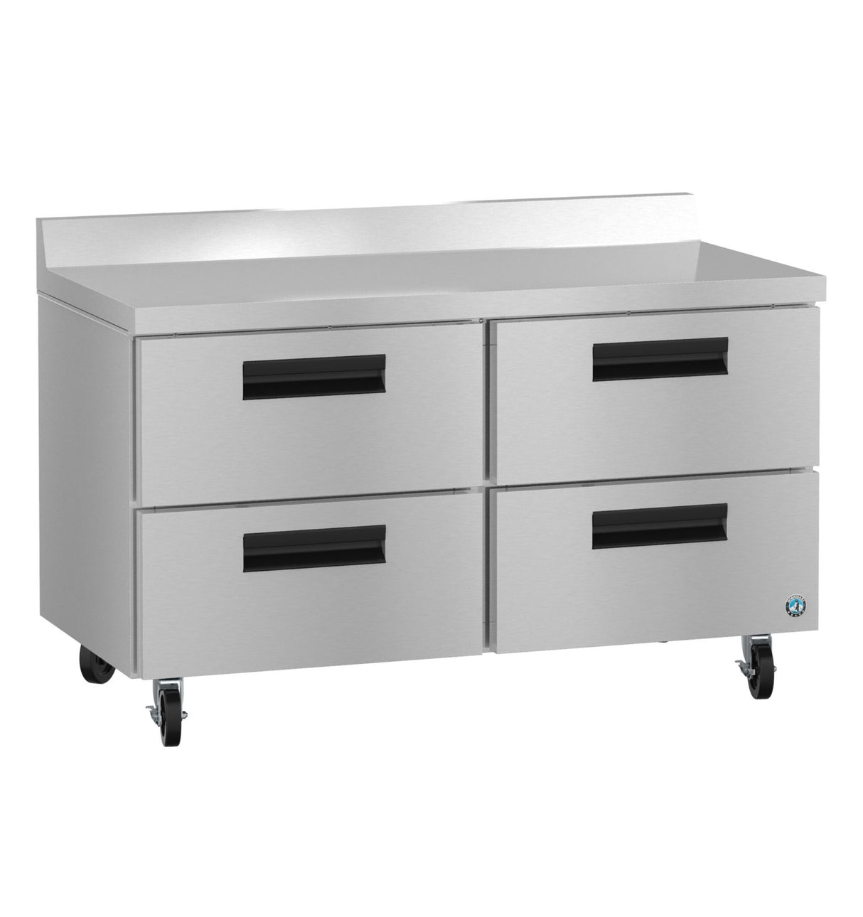 A Hoshizaki stainless steel commercial kitchen worktable with four black-handled drawers, two on each side, mounted on caster wheels for mobility. The flat surface with a raised back edge is ideal for food prep and complements any worktop refrigerator setup.