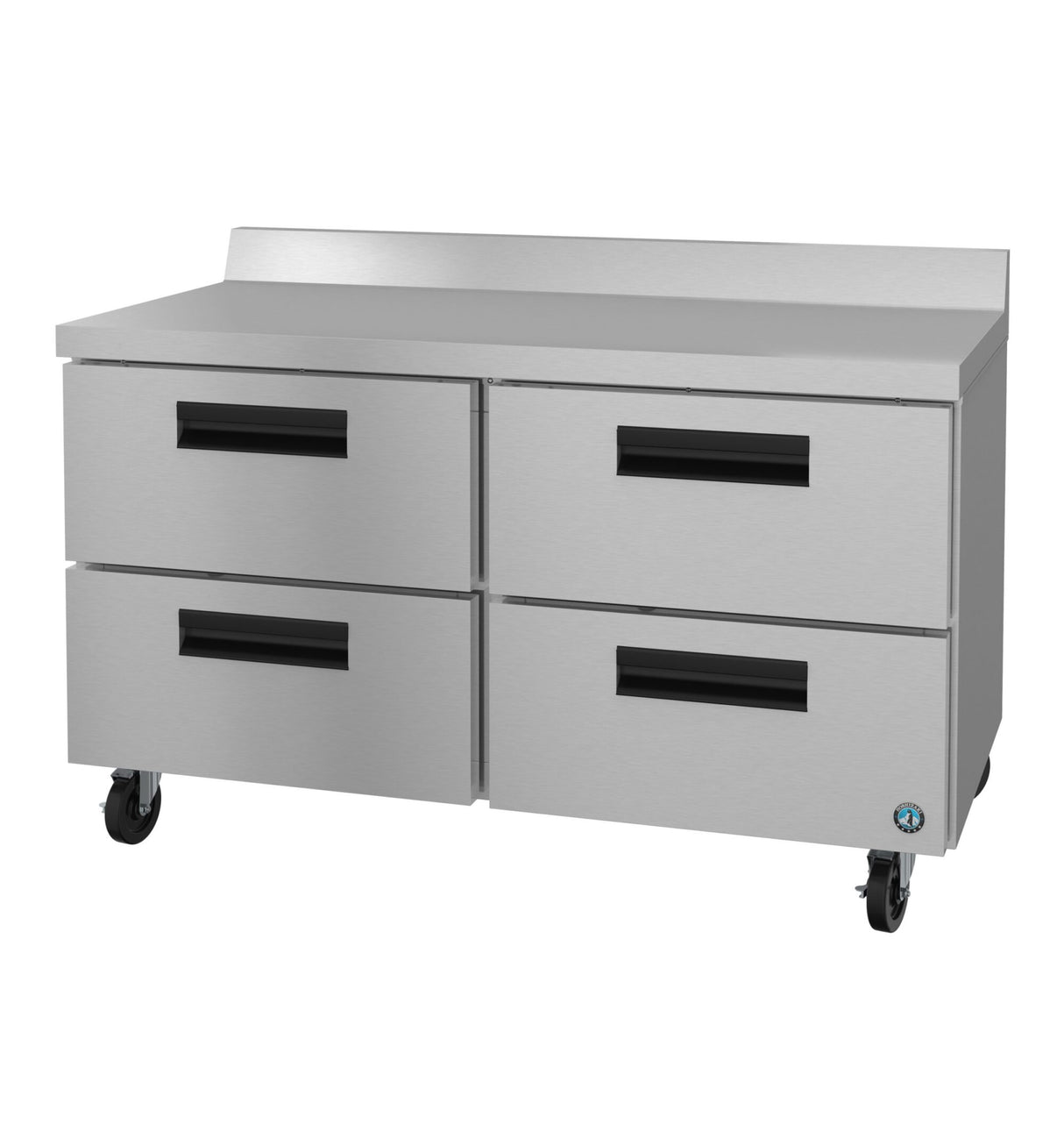 A stainless steel commercial kitchen work table with four large drawers, black handles, a raised rear edge, and locking wheels on the bottom—perfect for storage and food prep alongside your Hoshizaki worktop refrigerator in professional kitchens.