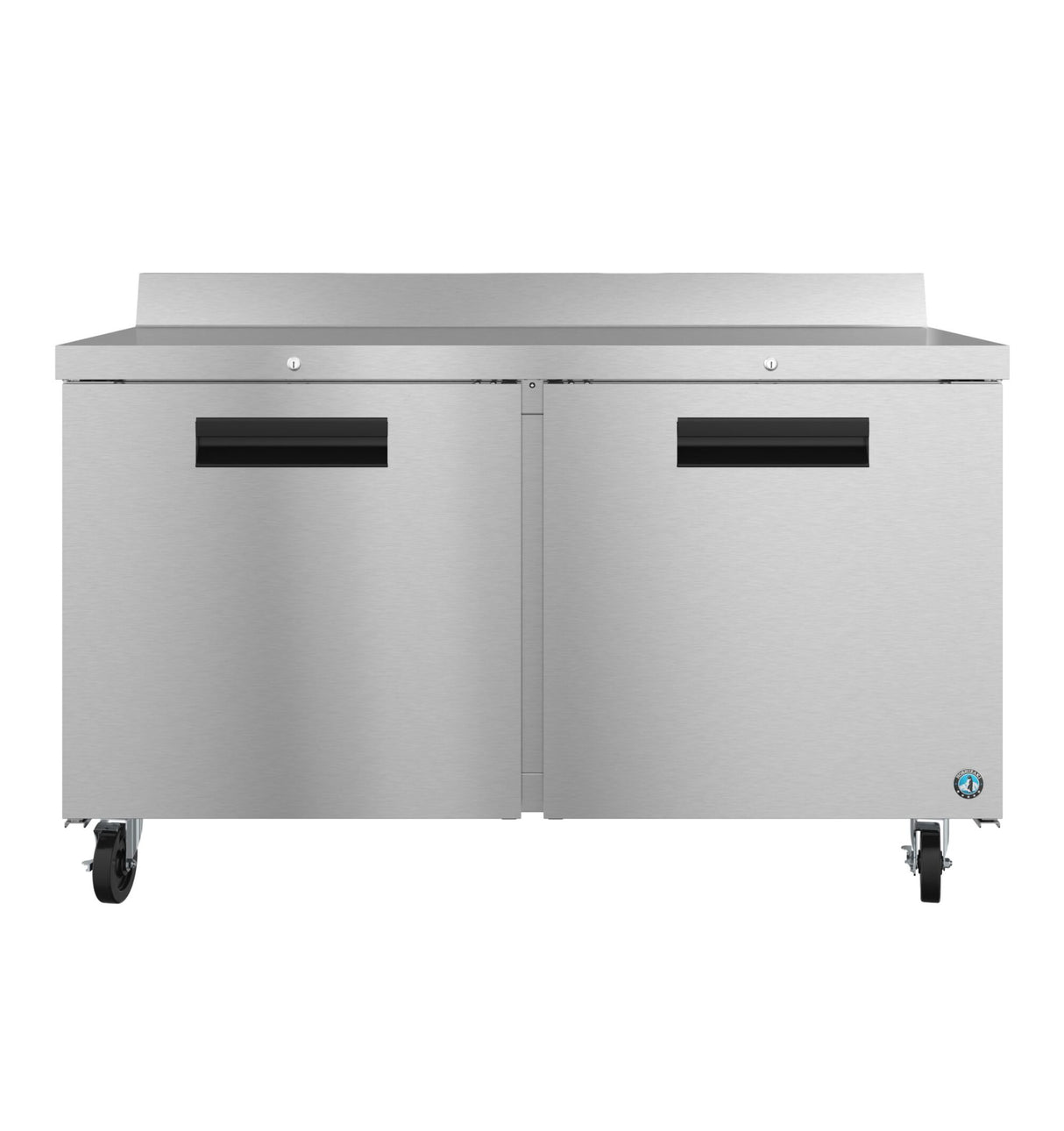 An ENERGY STAR commercial stainless steel worktop refrigerator with two doors, black horizontal handles, lock cylinders above each door, and small wheels for mobility. The flat top surface includes a raised edge at the back.