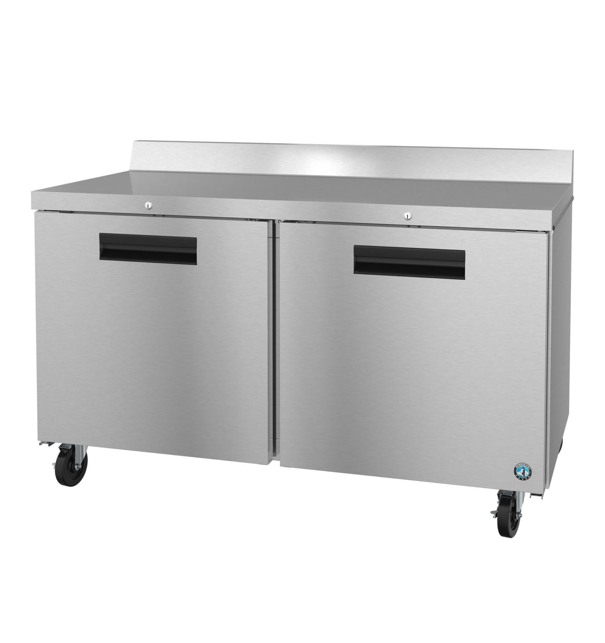 A commercial stainless steel worktop refrigerator with two solid doors, black recessed handles, a flat worktop surface, a raised back edge, and caster wheels. This ENERGY STAR unit features a modern design and small circular logo on the bottom right.