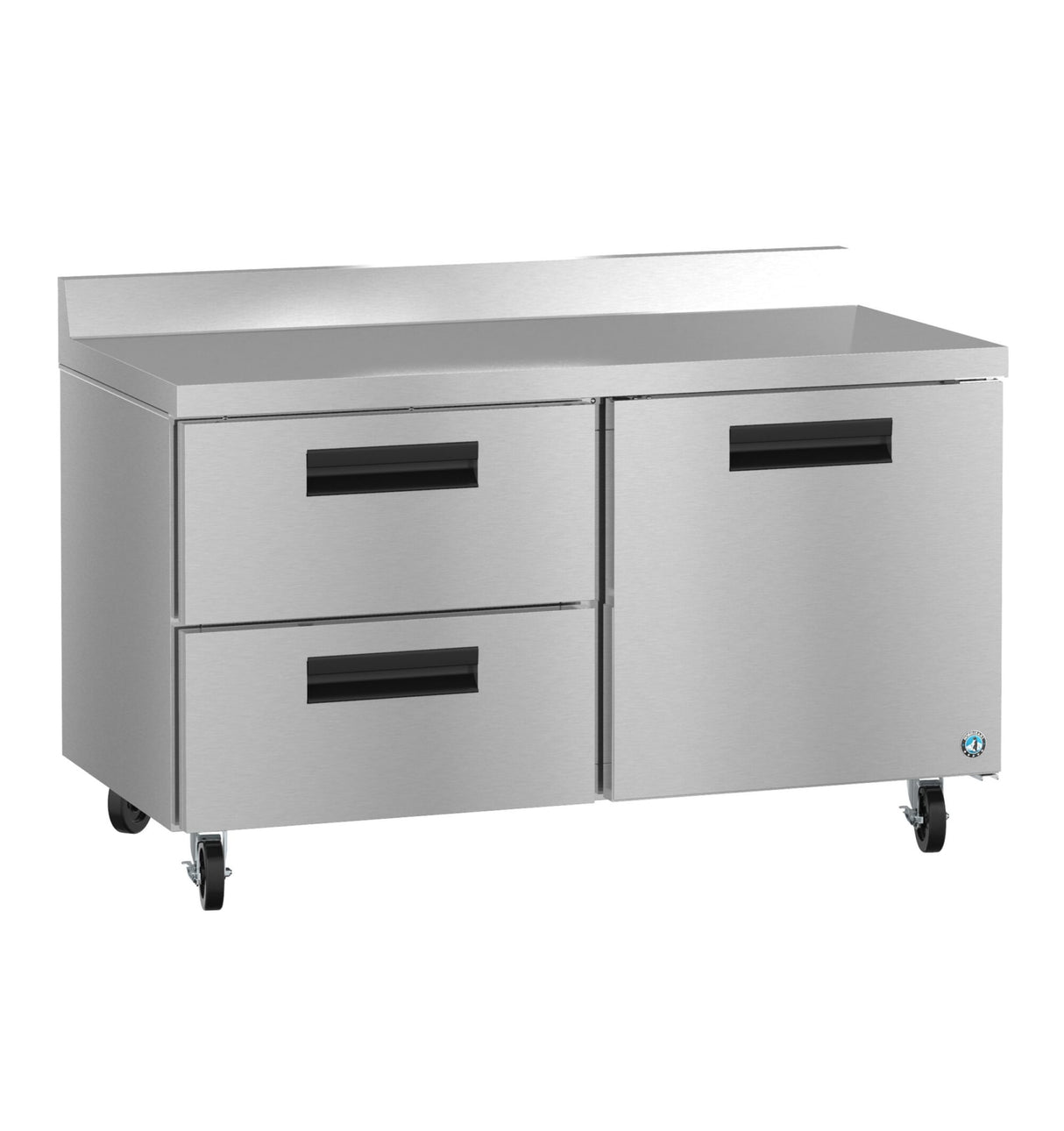 A Hoshizaki WR60B-D2 Steelheart Series stainless steel kitchen prep table features two drawers on the left, a double-door compartment on the right, sleek black handles, four caster wheels, and a short backsplash along the back edge.