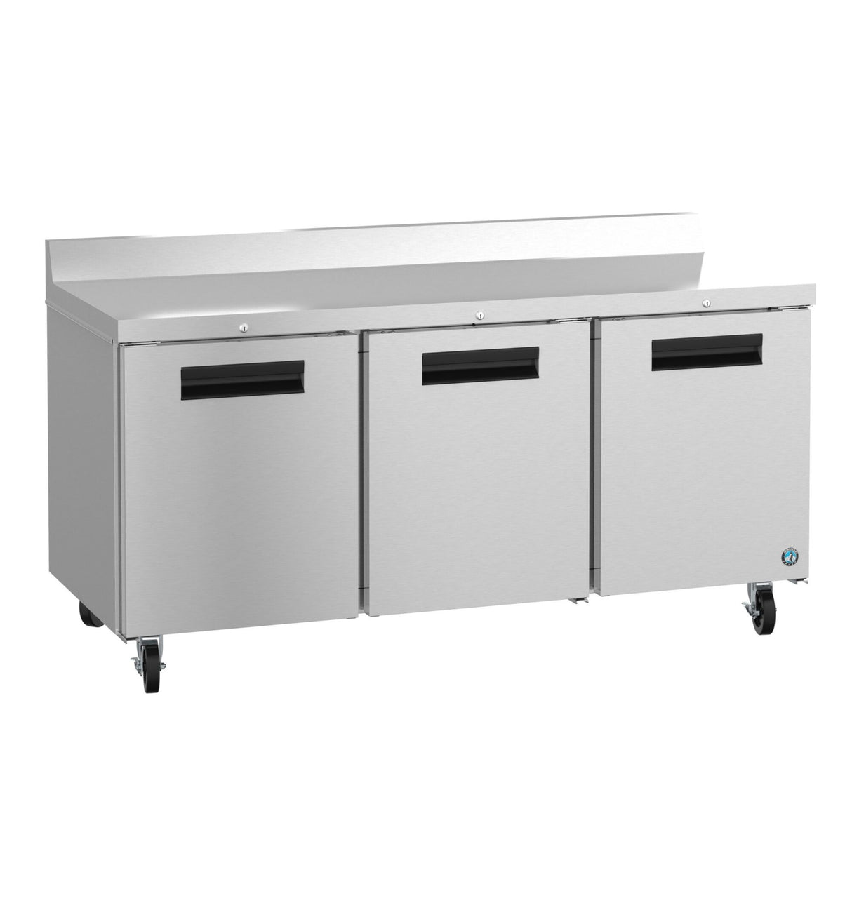 A commercial stainless steel worktop refrigerator with three doors, each featuring a black handle. This ENERGY STAR unit has four caster wheels and a raised back edge on the countertop, ideal for kitchen or restaurant use.