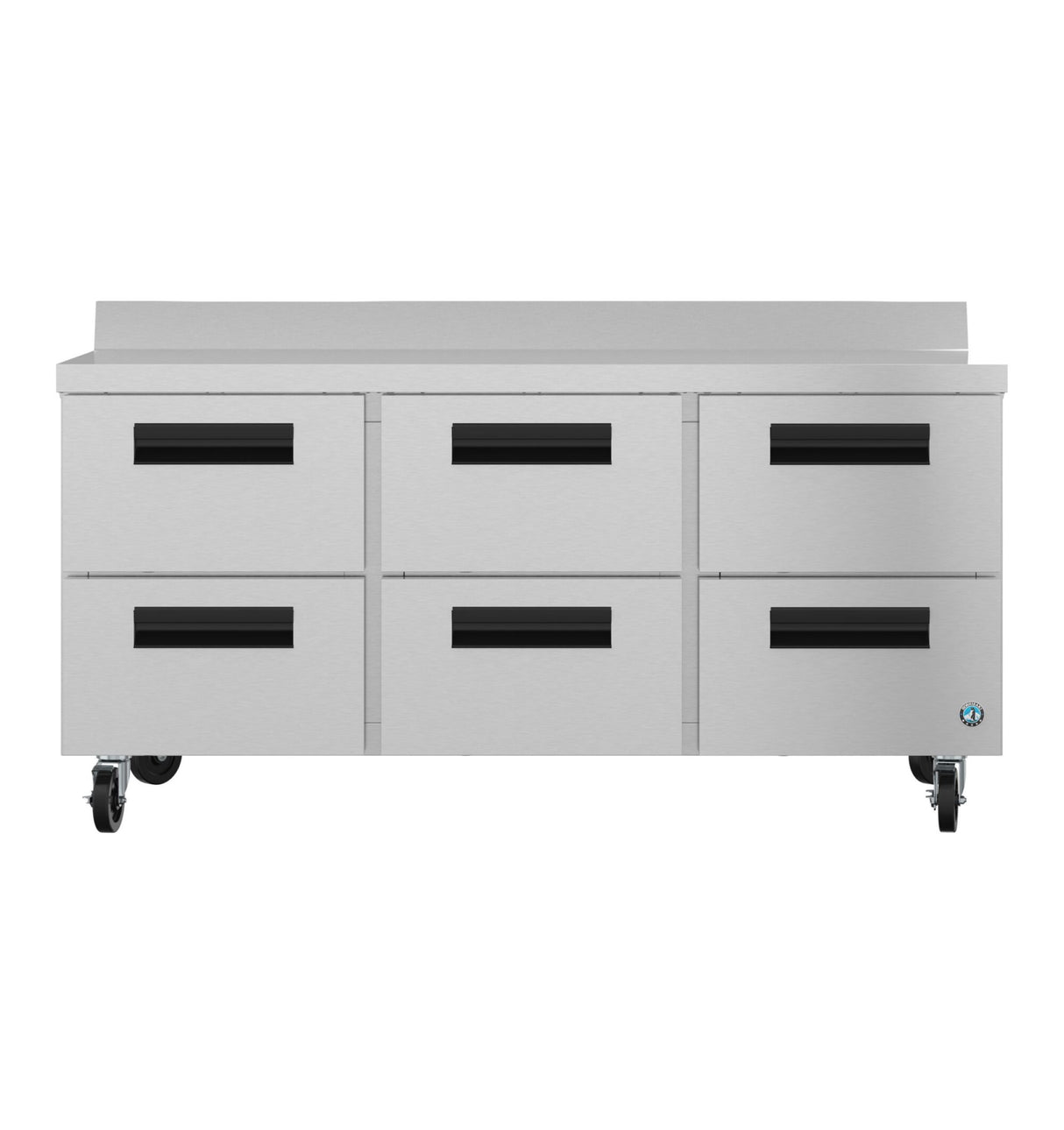 A 72 inch stainless steel worktop refrigerator with six pull-out drawers, black handles, a raised back edge, and four wheels for mobility. This minimalist, industrial design is ideal for restaurant or food service use.