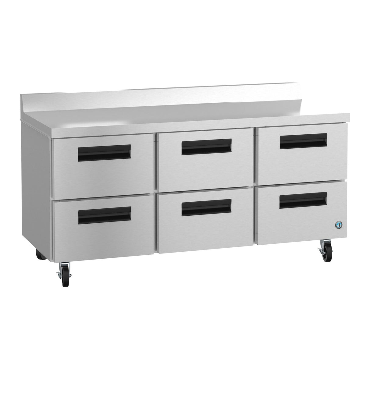 A sleek, modern 72 inch stainless steel commercial kitchen counter with six pull-out drawers, black handles, a raised backsplash, and four caster wheels for mobility—ideal as a worktop refrigerator in restaurant or industrial kitchens.