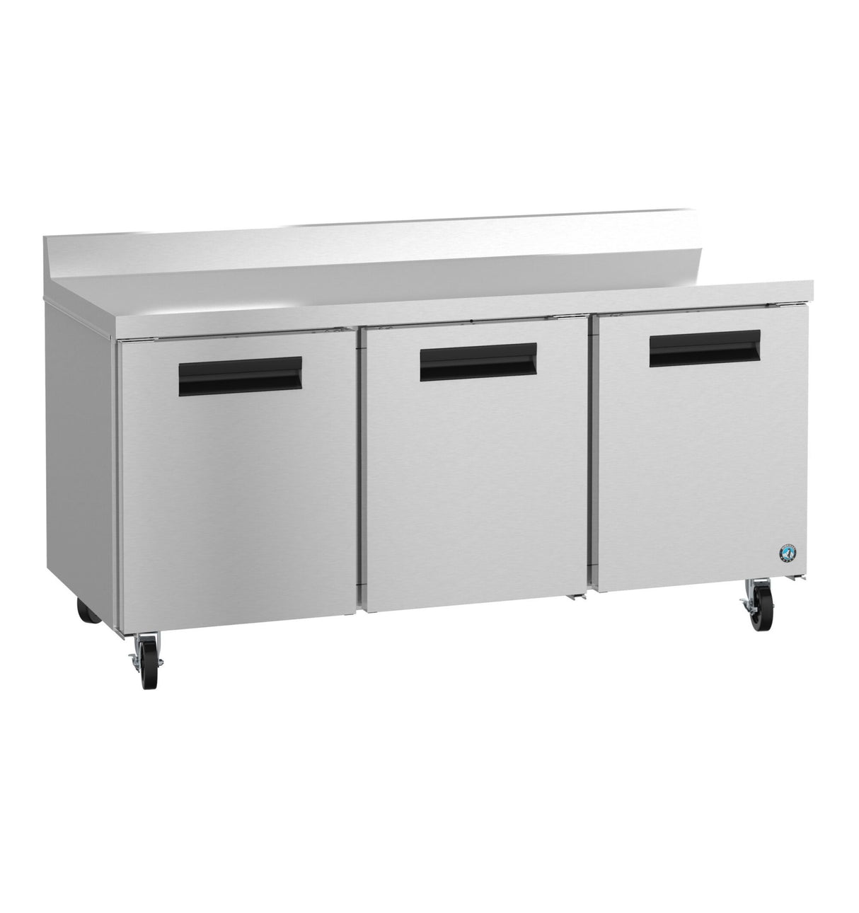 A large, ENERGY STAR stainless steel worktop refrigerator with three doors, black handles, and four caster wheels. It features a flat countertop with a raised back edge, ideal for use in professional kitchens or food prep areas.