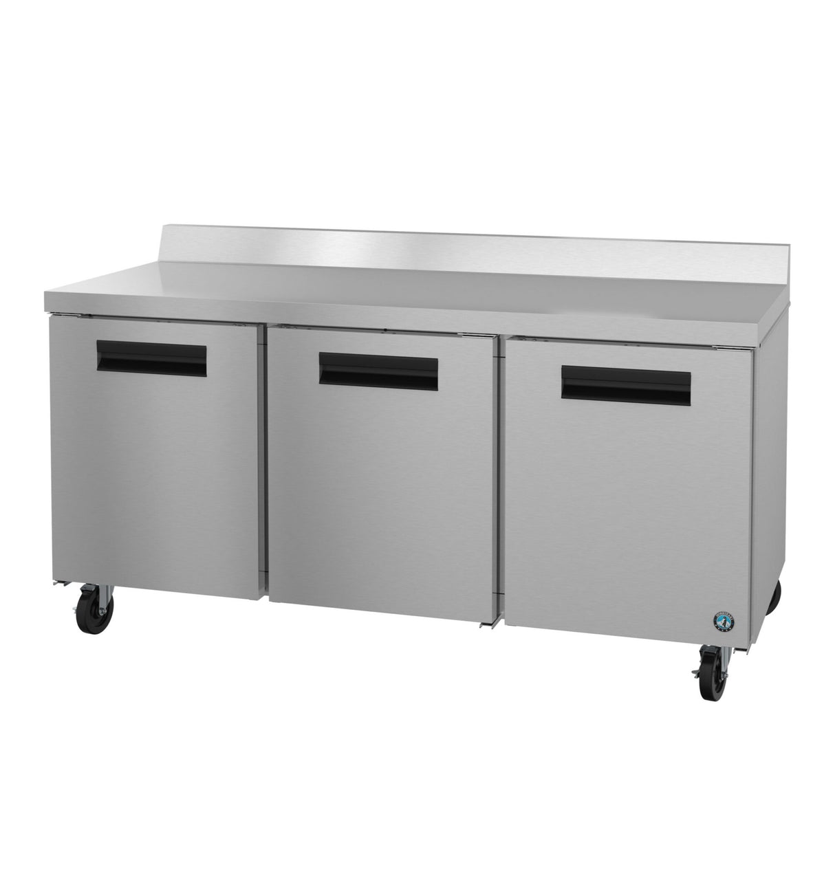 A commercial stainless steel, three-door worktop refrigerator on four black caster wheels, with recessed handles and a raised rear splash guard, set against a plain white background.