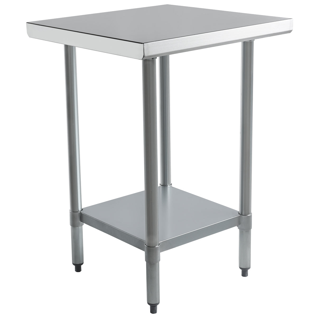 A stainless steel work table with a square top, four cylindrical legs, and a lower shelf. NSF certified for safety and hygiene, it features an industrial look, adjustable feet, and durable design—perfect for kitchens or workspaces. The background is plain white.