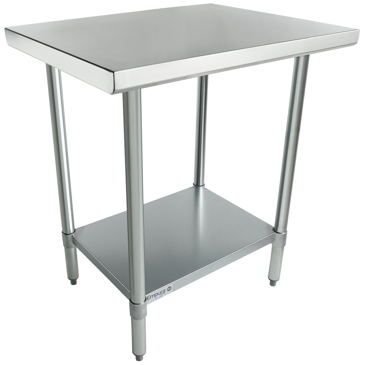 A stainless steel work table with four cylindrical legs, a smooth rectangular top, and a lower shelf for storage. This NSF work table features an industrial design ideal for kitchens or workspaces, with metallic and reflective surfaces and shelf.