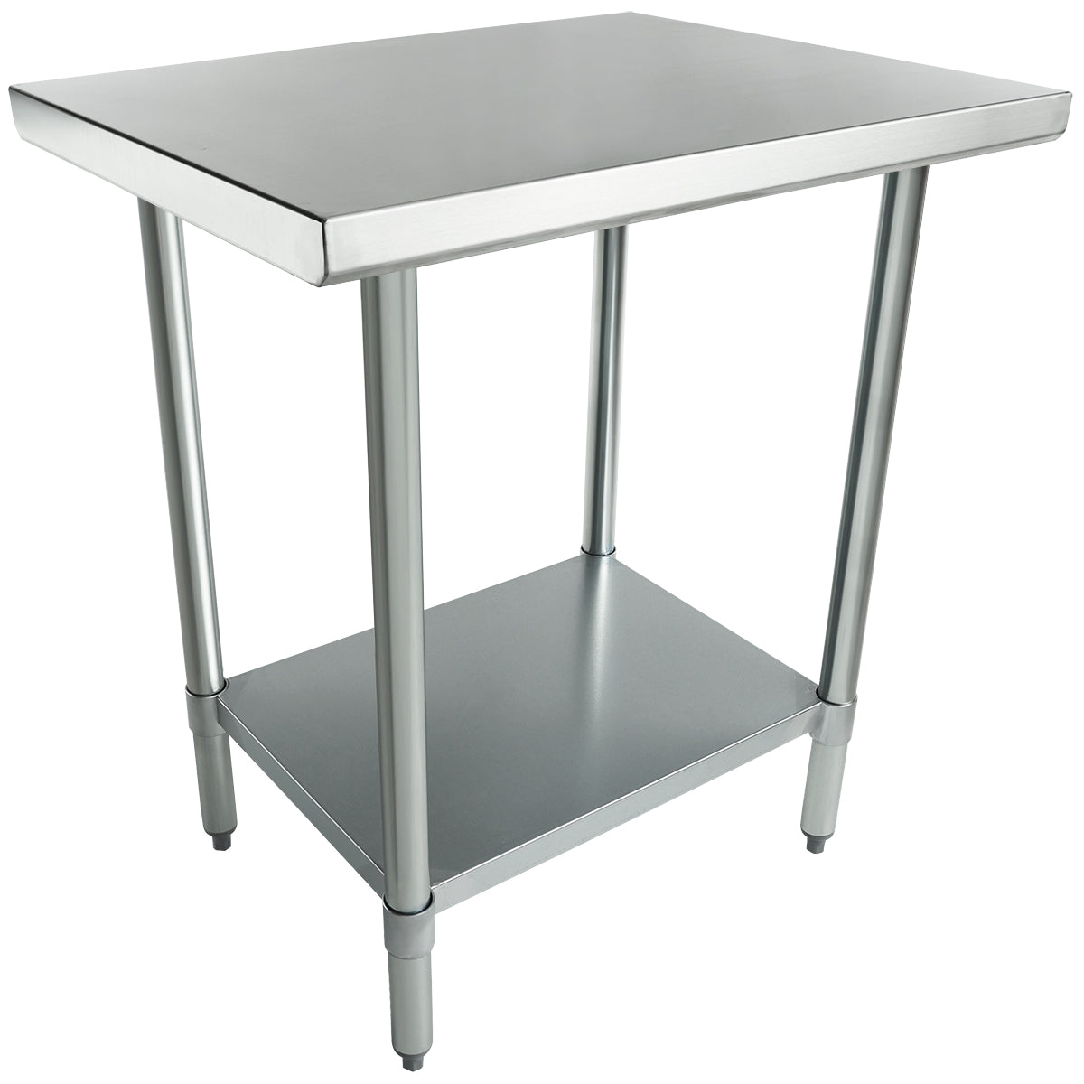 A stainless steel work table with four cylindrical legs, a smooth flat top, and a lower shelf for storage. The table features adjustable feet and a minimalist, industrial design, making it ideal as an NSF work table in kitchens or workspaces.