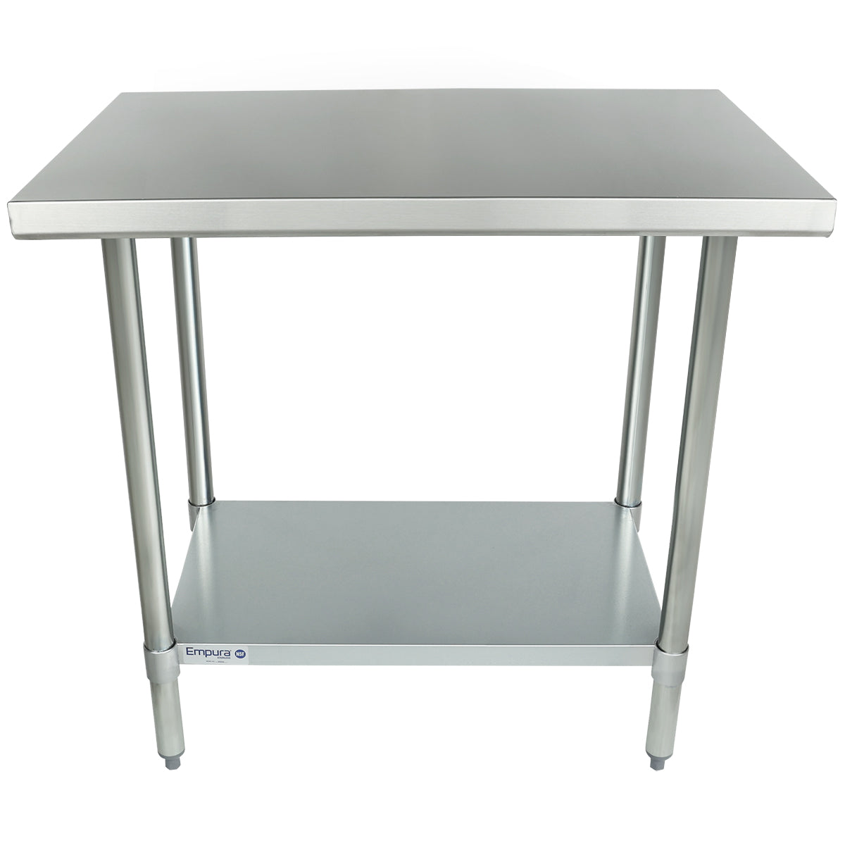 A stainless steel NSF work table with a smooth rectangular top, four cylindrical legs, and an undershelf for storage. The table has a minimalist, industrial design and is set against a plain white background.
