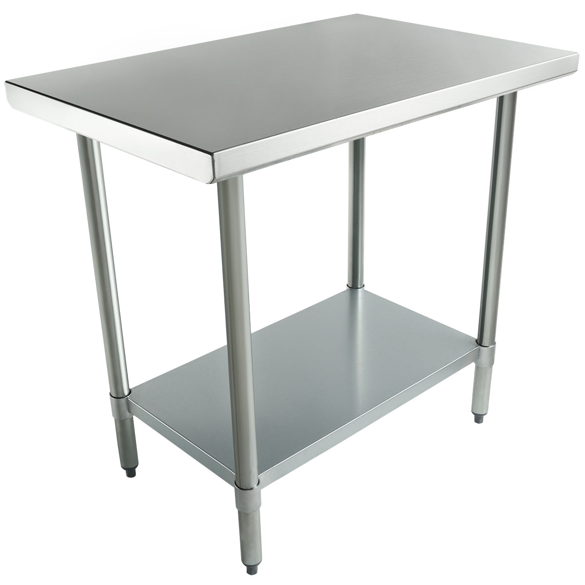This NSF stainless steel work table features a flat rectangular top, four cylindrical legs, and an undershelf for extra storage. Its simple, industrial design is perfect for kitchens or workspaces and includes adjustable feet for stability.