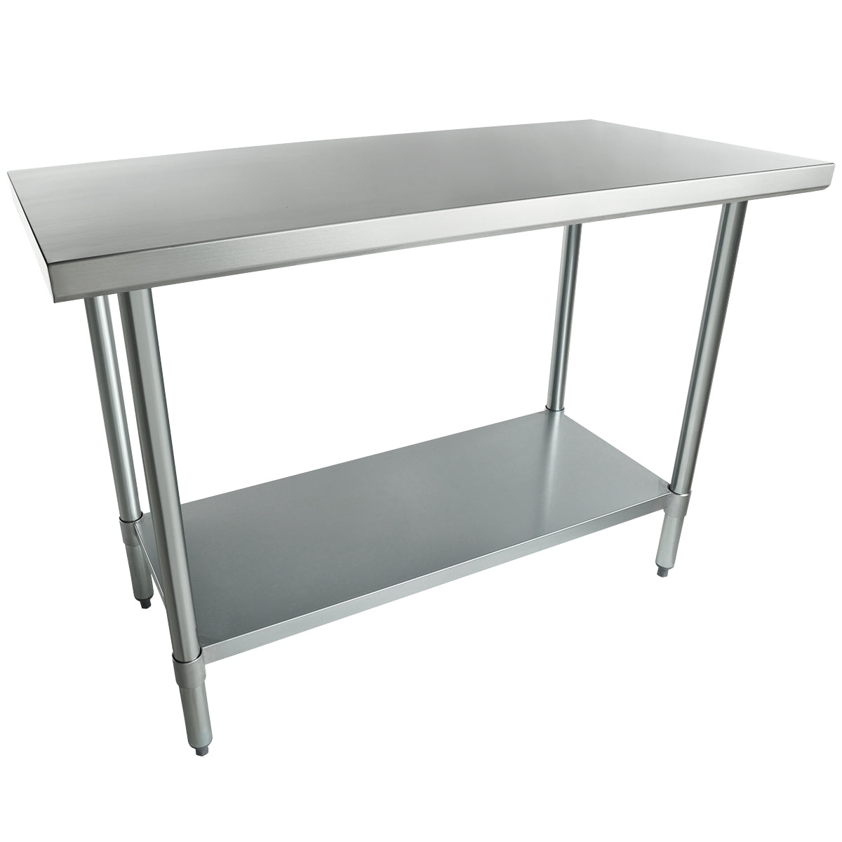 A stainless steel NSF work table with a flat top, four cylindrical legs, and a lower shelf for extra storage. It has a clean, industrial look, suitable for kitchens or workshops. The background is plain white.