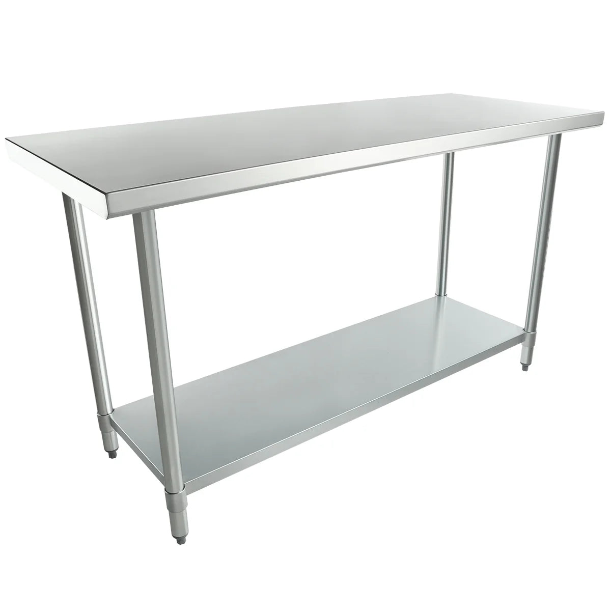 A 60 inch stainless steel work table with a smooth top, four cylindrical legs, and a lower shelf for storage. Its industrial design suits kitchens or workshops, and adjustable feet provide stability. The background is white.