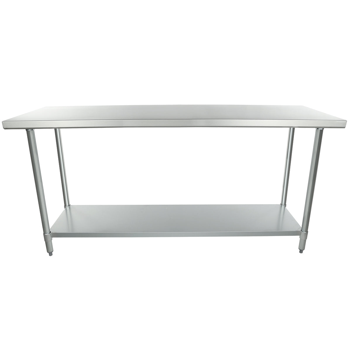 A stainless steel work table with a flat top, four cylindrical legs, and an undershelf for extra storage. The simple, industrial design is NSF certified, making it ideal for kitchens or workspaces. Small adjustable feet ensure stability.