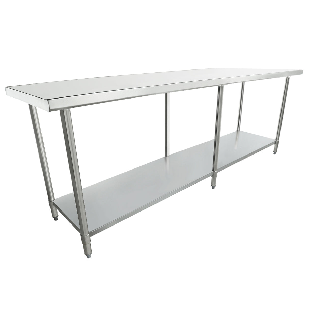 A 96 inch, rectangular stainless steel work table with four legs and a lower shelf for storage. The smooth, flat surface and industrial, minimalist design make it ideal for kitchens or workspaces.