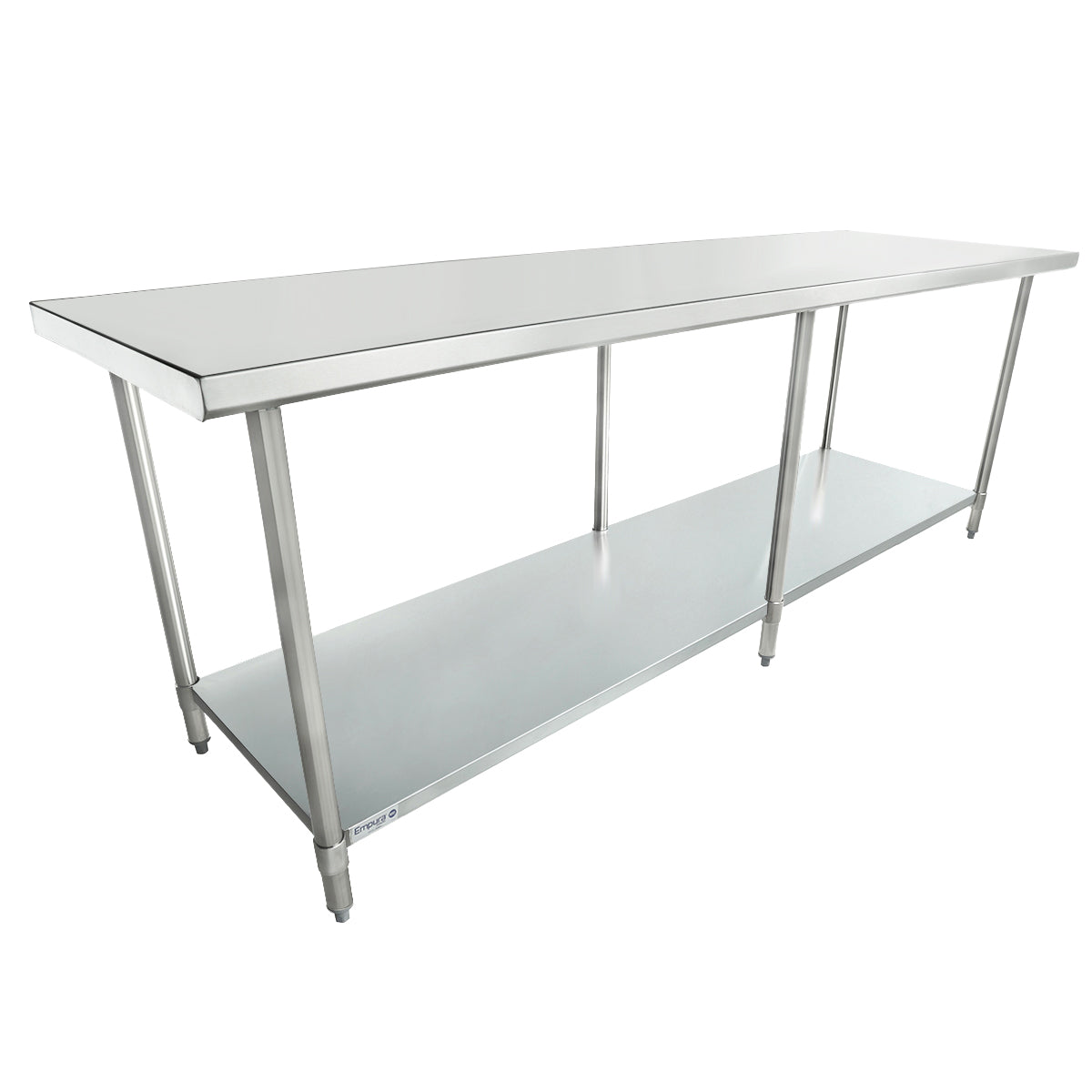 A long NSF-certified stainless steel work table with four sturdy legs and a lower storage shelf. Its smooth, reflective surface and open design make it ideal for commercial kitchens or industrial settings.