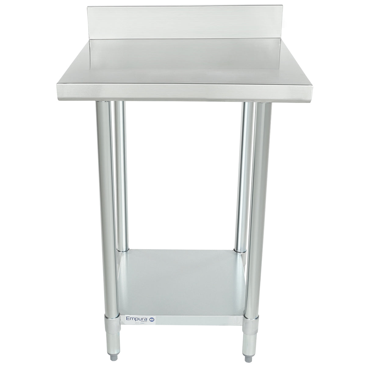 A stainless steel work table with NSF certification features a backsplash, four cylindrical legs, and a lower shelf for extra storage. The smooth, shiny surface and Empura brand name on the shelf stand out in this clean, industrial setting.
