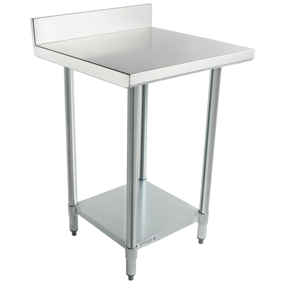 This NSF stainless steel work table features a backsplash, four cylindrical legs, a lower shelf, and adjustable feet. Its smooth, reflective surface is ideal for commercial kitchens or industrial settings.