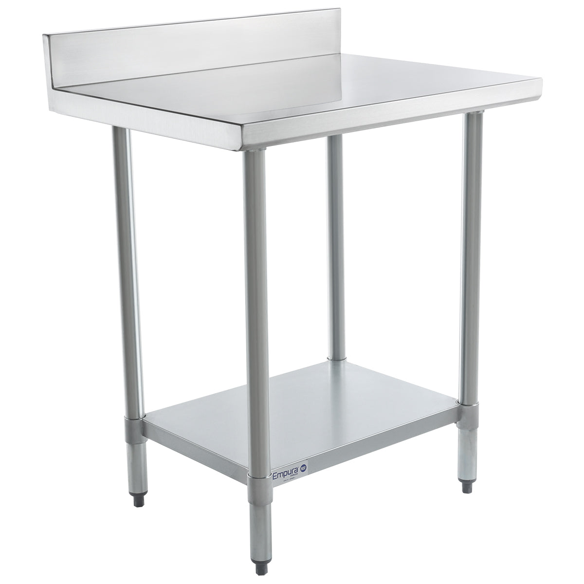 A 304 stainless steel work table featuring a raised rear backsplash, four sturdy legs, and an undershelf for extra storage. The NSF-certified, smooth rectangular surface stands on adjustable feet for maximum stability in any kitchen.