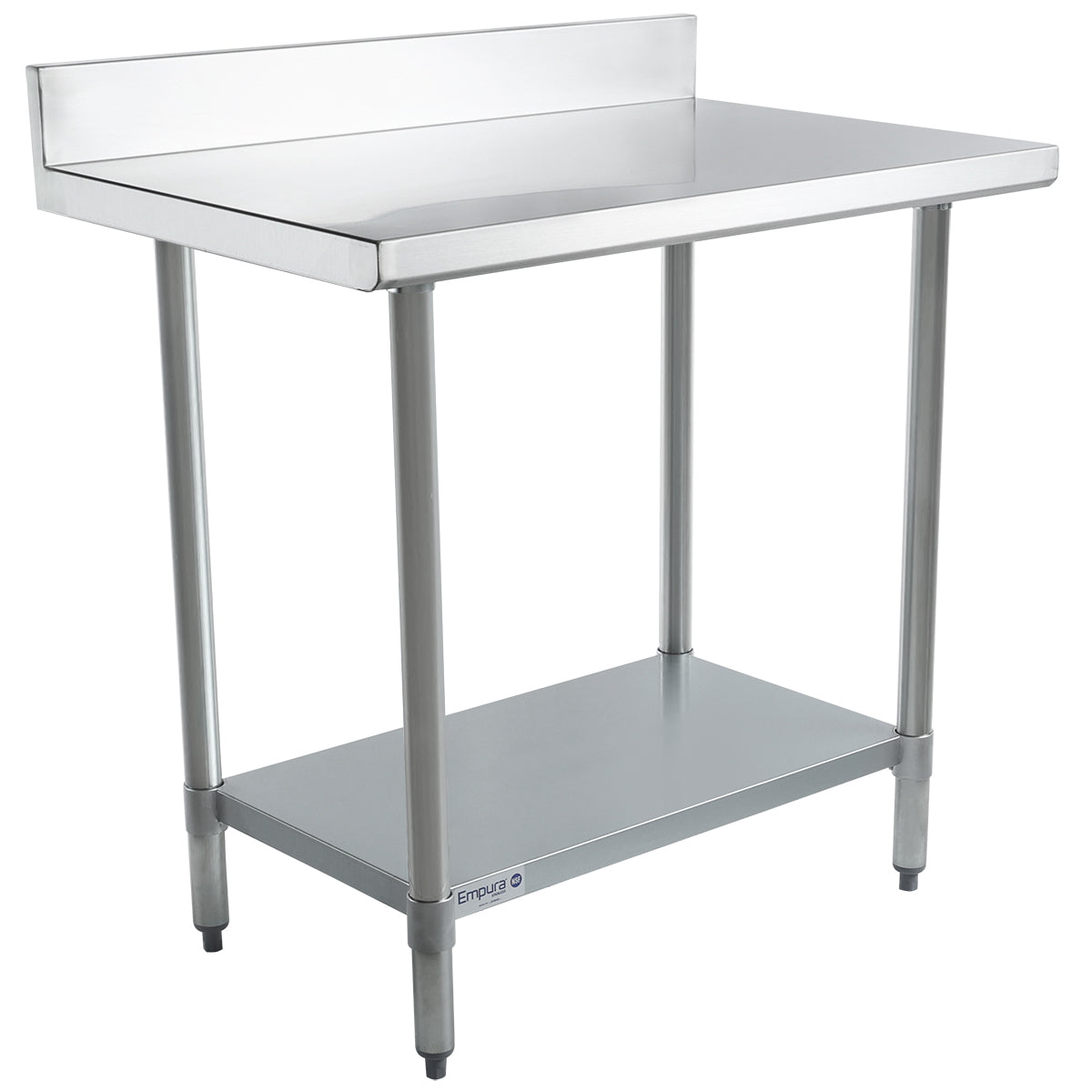 This NSF stainless steel work table features a raised backsplash, four cylindrical legs, and an undershelf. Its smooth top surface and adjustable feet ensure stability, making it ideal for kitchens or industrial settings.