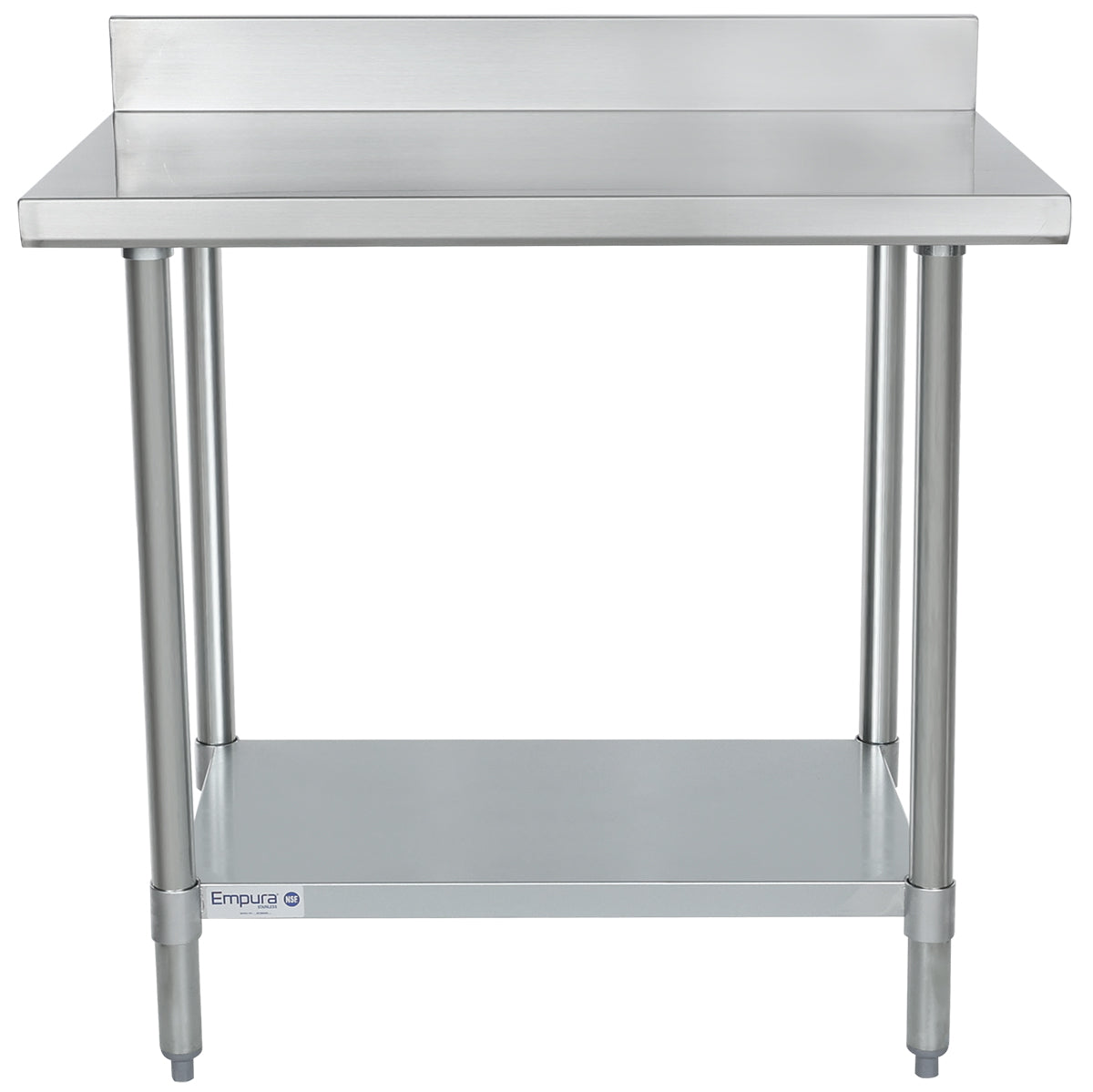 A stainless steel work table with NSF certification features a backsplash, four cylindrical legs, and a lower shelf for extra storage. Its minimalist, industrial design is highlighted by the “Empura” label on the front support bar.