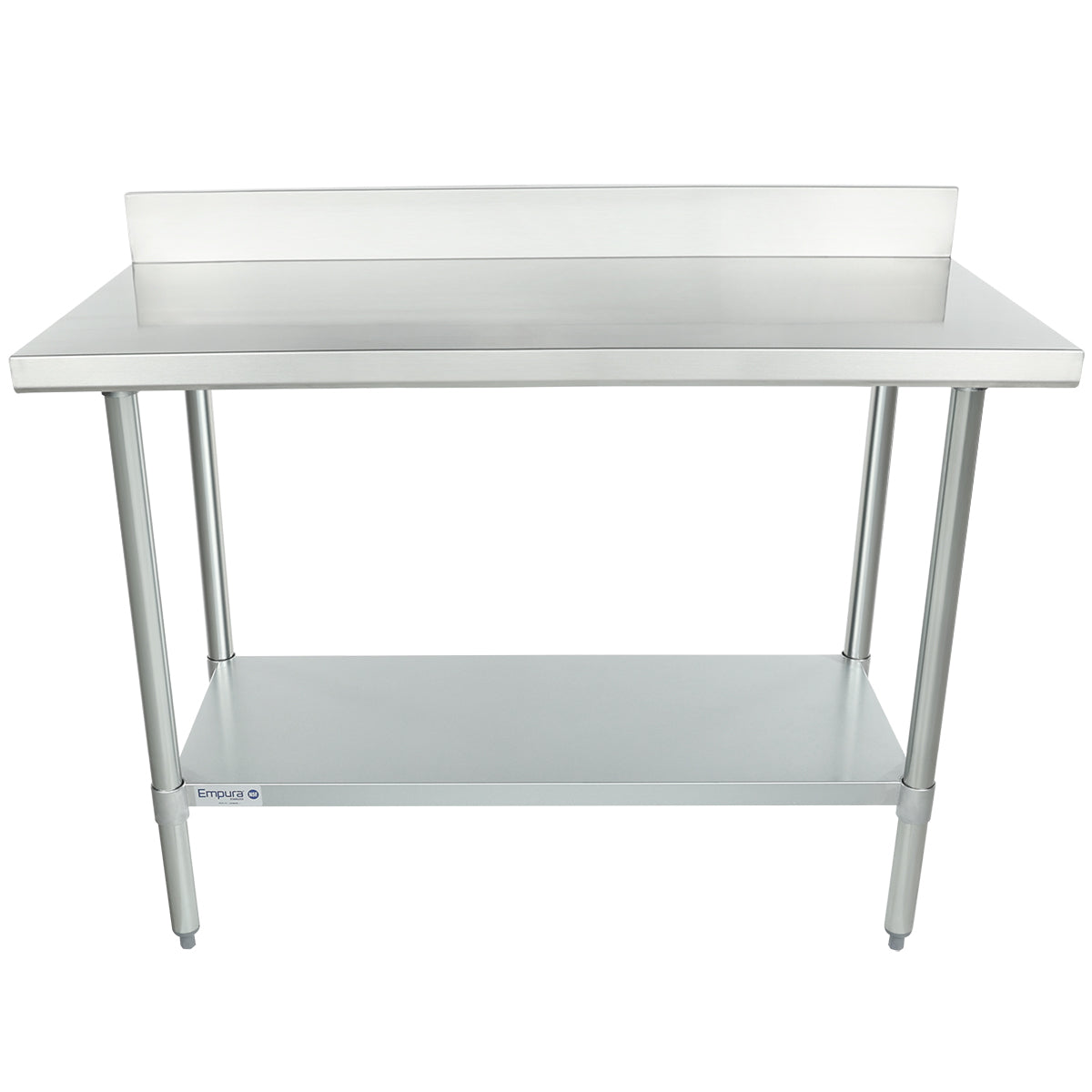A 48 inch stainless steel work table with four legs, a lower shelf, and a backsplash. Its smooth, reflective surface is ideal for kitchen or industrial use, offering open space below and a sturdy, minimalist design.