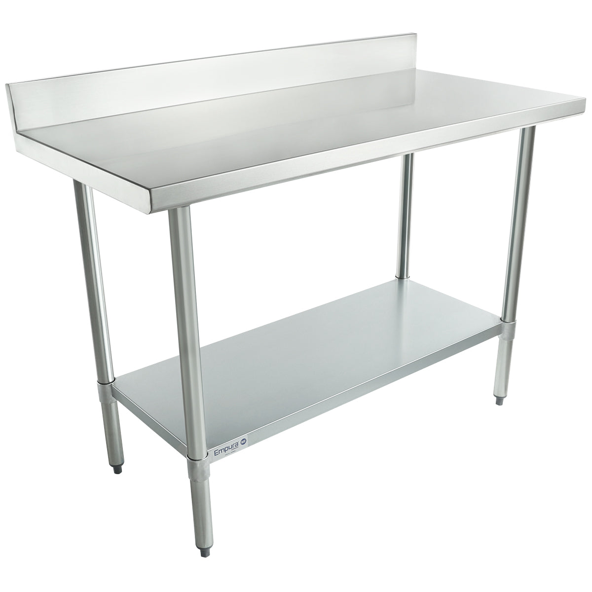 A 48 inch stainless steel work table with a raised backsplash, four sturdy legs, and a smooth metallic lower shelf for storage, designed for commercial kitchens or food prep areas. The surface and shelf are sleek and easy to clean.