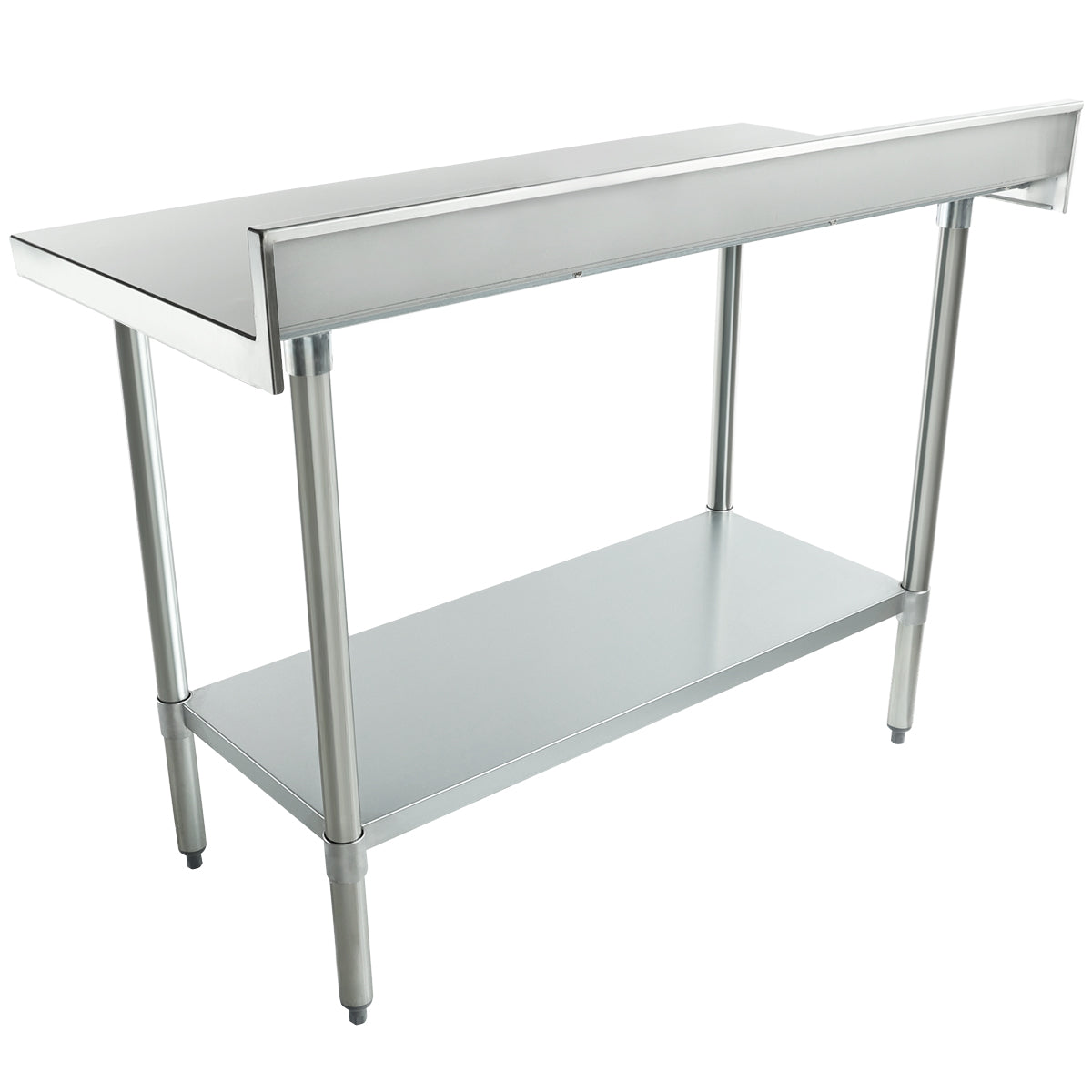 A 48 inch stainless steel work table with four cylindrical legs, a flat top surface, an upper backsplash, and a lower storage shelf. The table features a modern, industrial design and is shown on a white background.