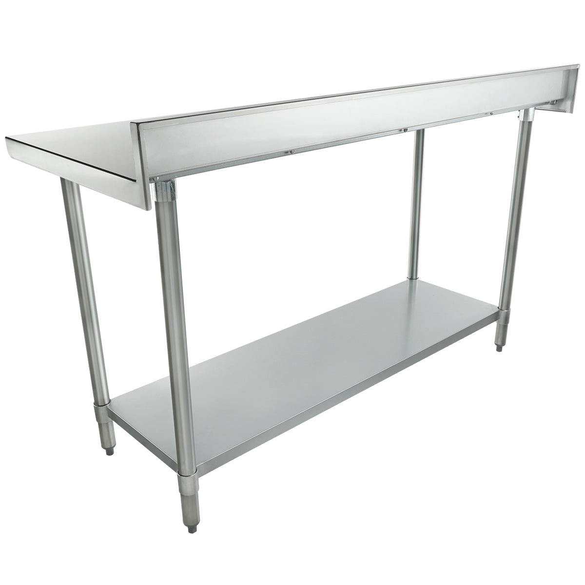 A 60 inch stainless steel work table with a backsplash, four round legs, and an undershelf. Its smooth, flat top and open design make it ideal for commercial kitchens, offering sturdy, industrial-grade food prep and storage space.