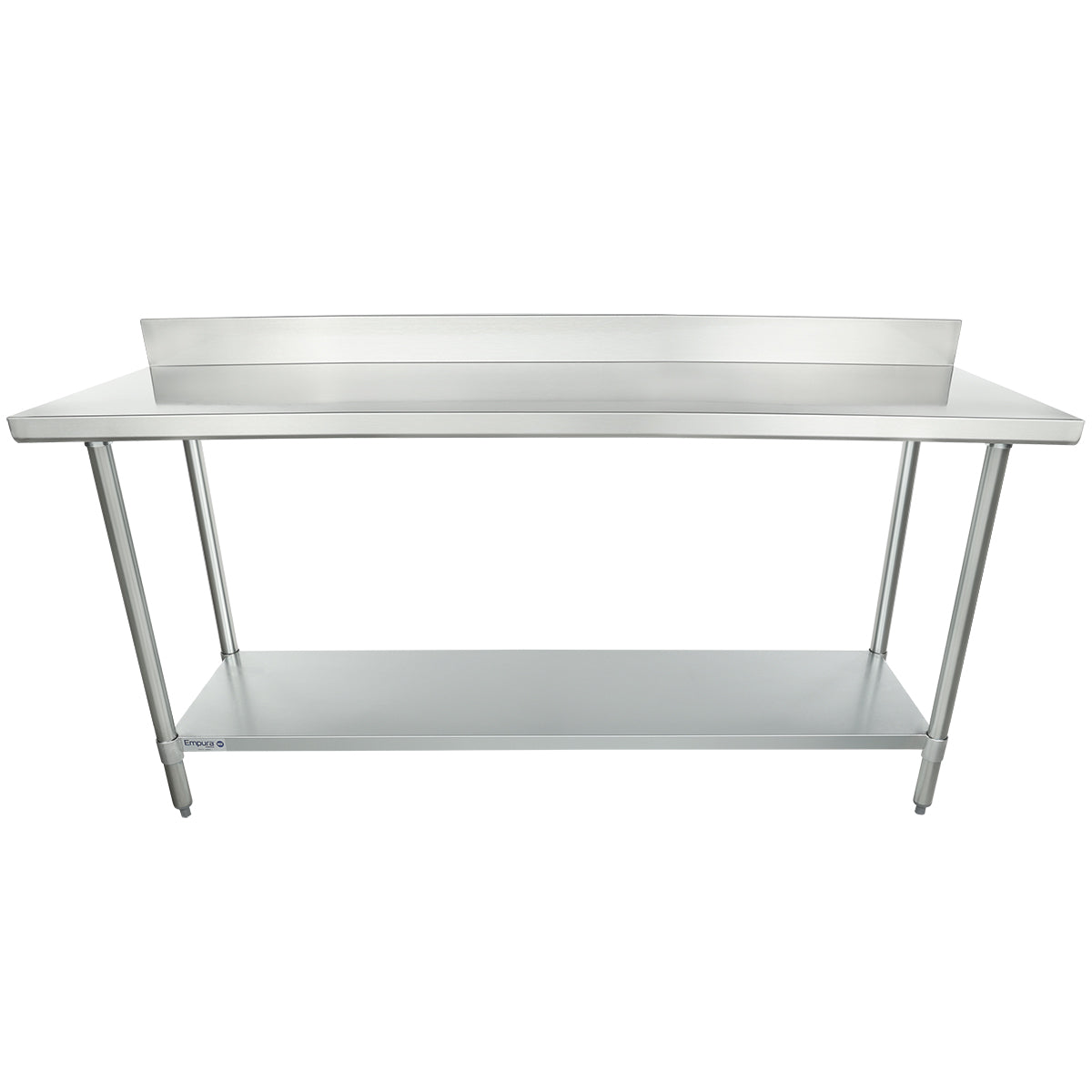 A 72 inch stainless steel work table with a backsplash, four legs, and an undershelf. The smooth, rectangular surface and industrial design make it ideal for kitchens or workspaces. The background is completely white.