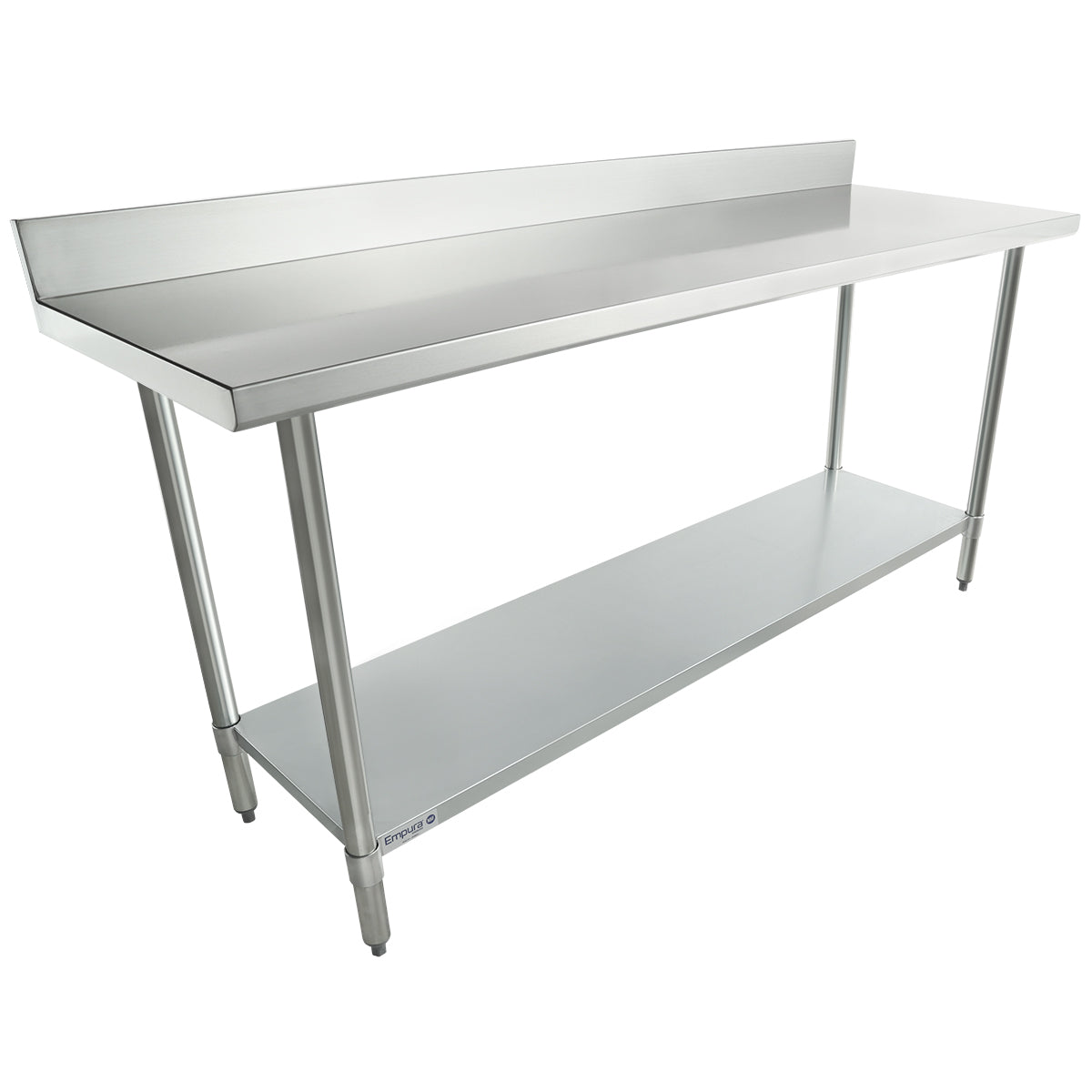 A 72 inch stainless steel work table with four legs, a flat top surface, a raised backsplash along the rear edge, and a lower shelf for added storage. Its simple, industrial design is ideal for kitchens or workspaces.